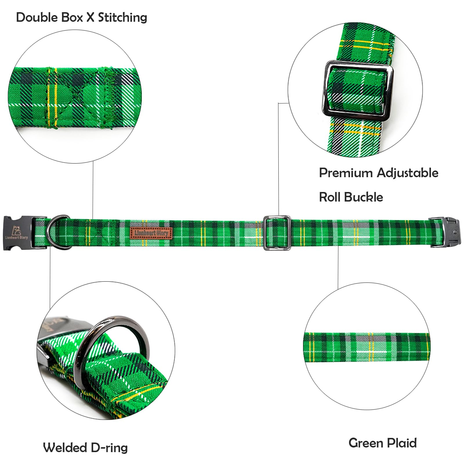 Lionheart Glory St. Patrick'S Day Collar - Green Plaid, Adjustable Heavy-Duty Collar For Small Dogs