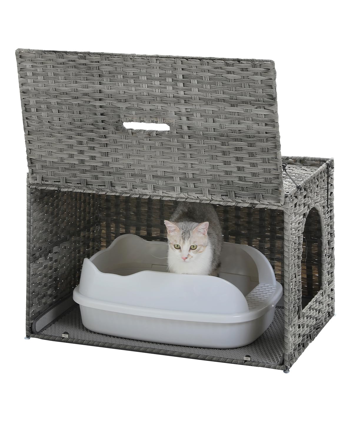 MUTTROS Rattan Cat Litter Box Enclosure - Hidden Litter Box Furniture by Handwoven Wicker with Taller Doorway & Raised Edge Mat-
