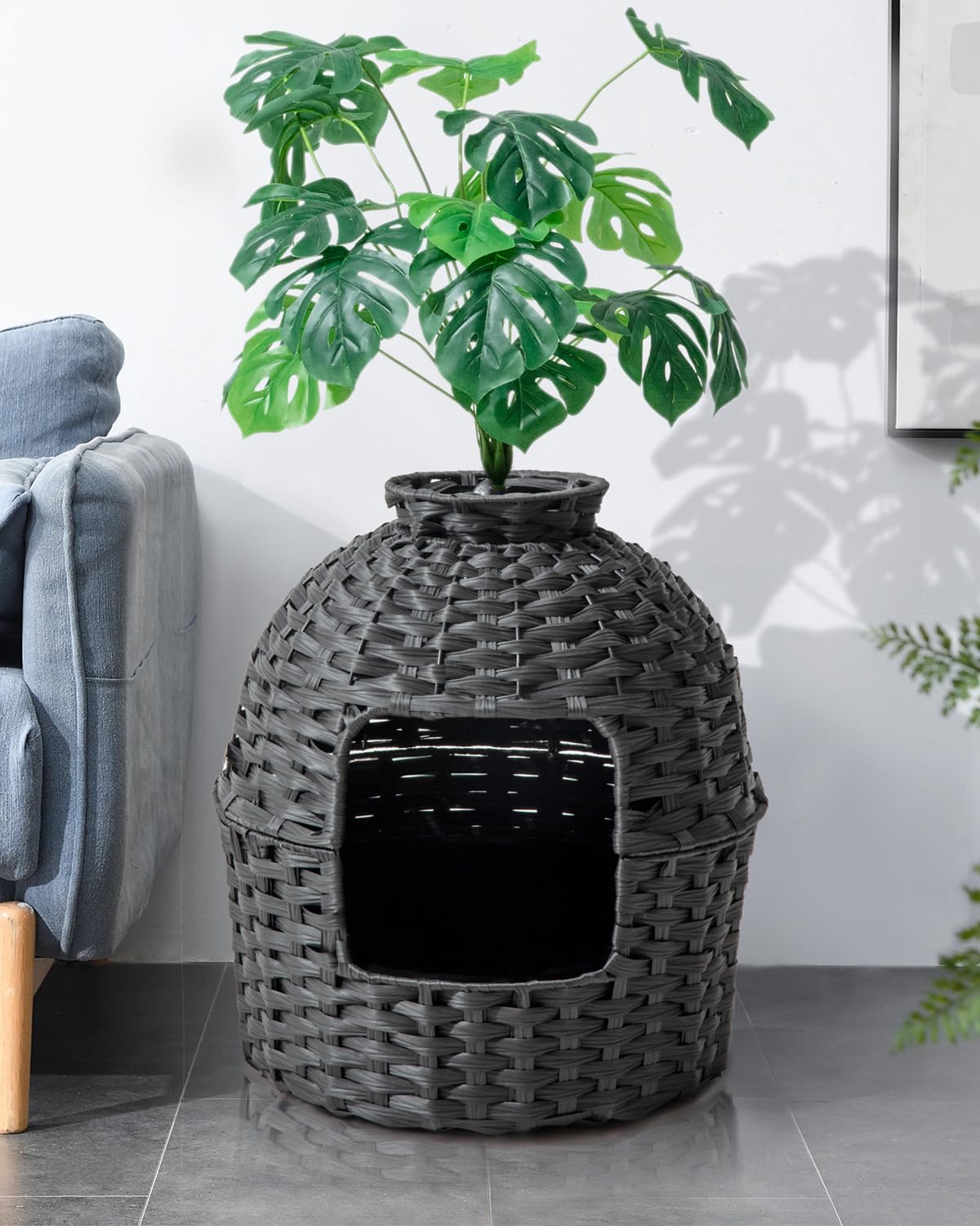 SETVSON Cat Litter Box Plant Furniture Enclosure, Black Handwoven Rattan with Odor Control, Fits Living Room & Bedroom