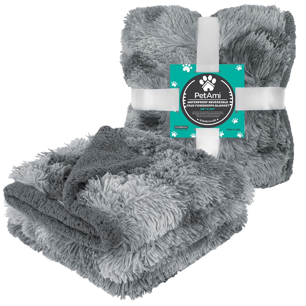 Petami Fluffy Waterproof Dog Blanket | Faux Fur Pet Fleece Shag Throw For Dogs And Cats | Fuzzy Furry Soft Plush Sherpa Throw Furniture Protector Sofa Couch Bed (Tie-Dye Gray, 29X40)