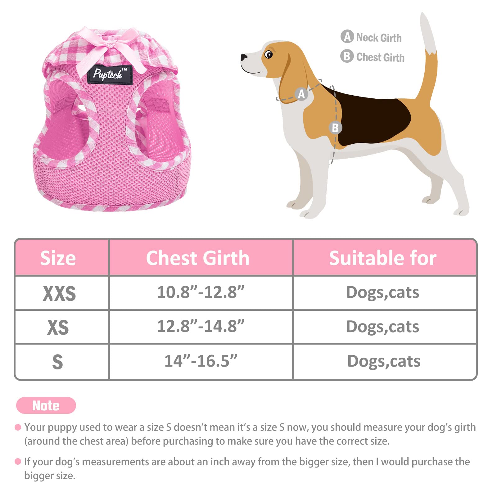Pupteck Small Dog Harness No Pull Step-In Puppy Cat Harness Soft Mesh For Girls, Pink Xxs