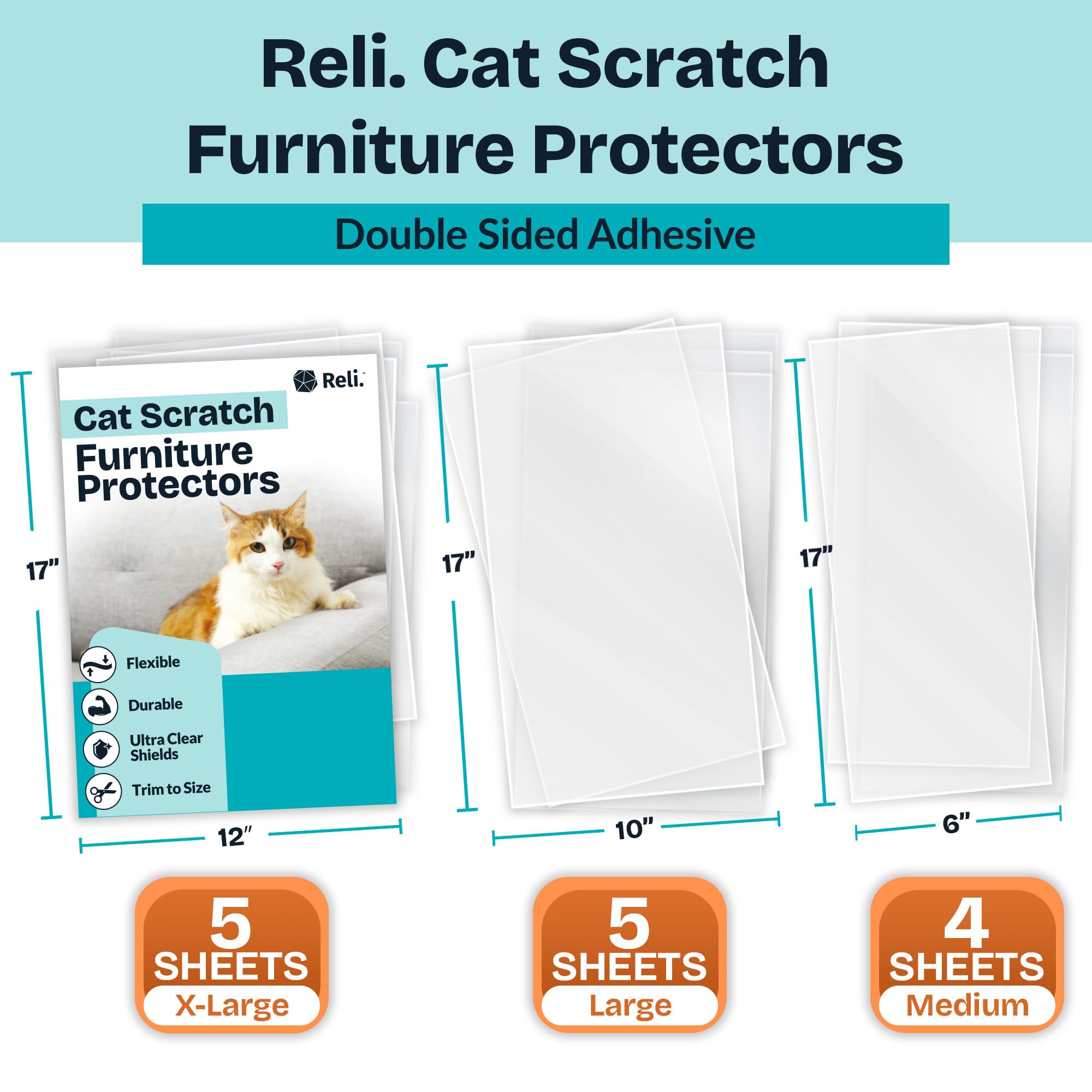 Reli. Cat Scratch Furniture Protector (14 Pack, Double Sided), Combo Pack | Cat Couch Protector From Claws/Clear Anti Scratch Fu