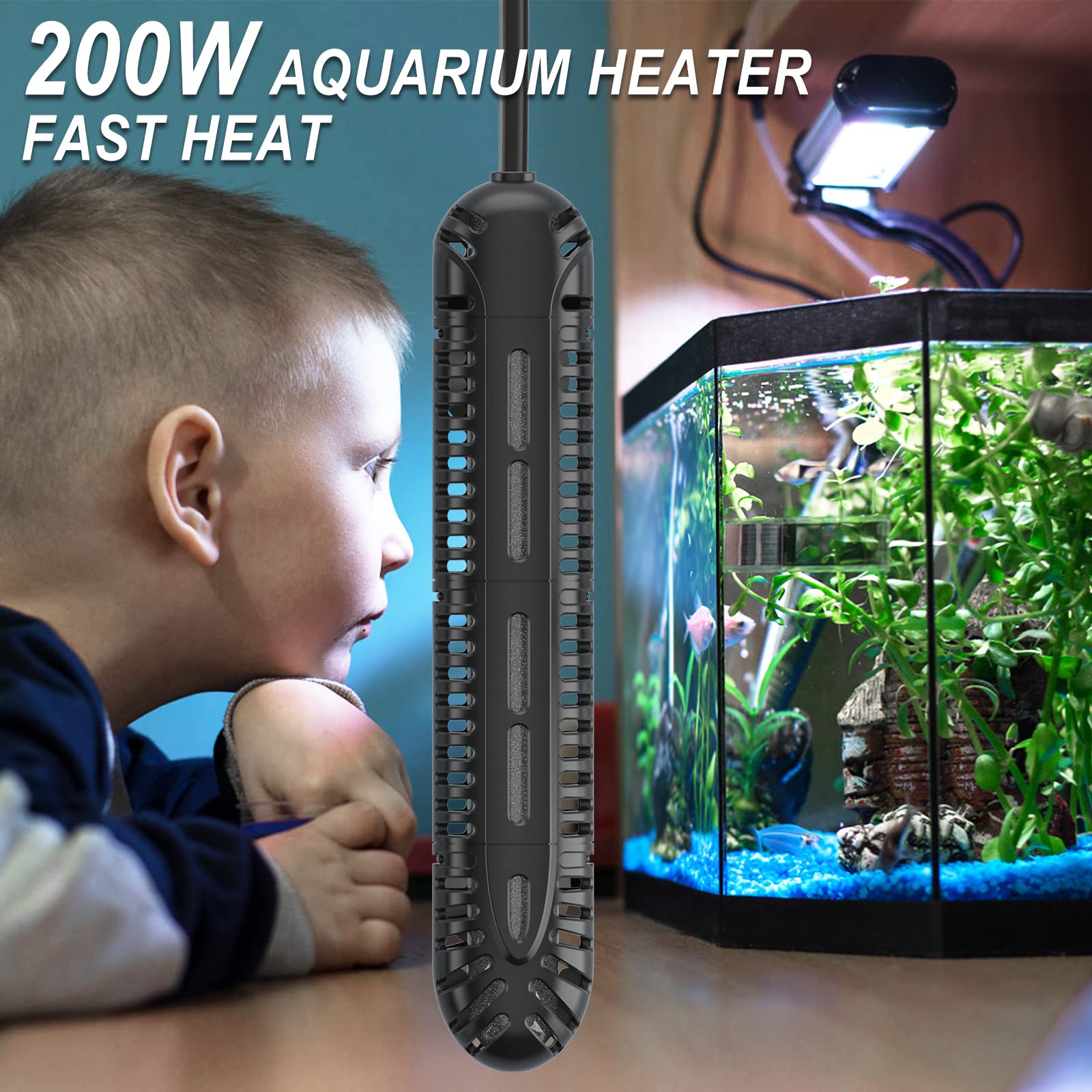 HiTauing 200W Aquarium Heater with LED Display & 5 Safety Protections, Submersible, Black, for 20-40 Gallon Fish Tanks