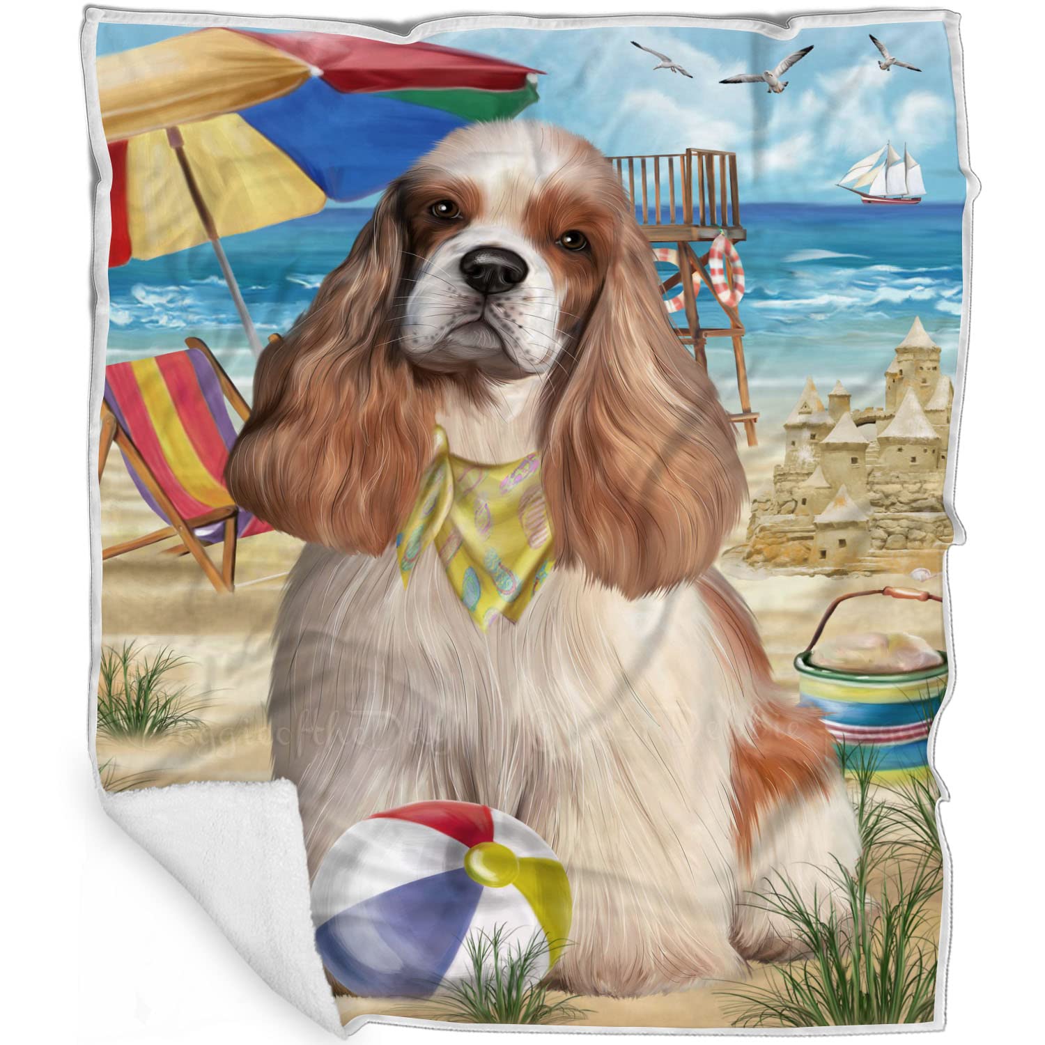 Pet Friendly Beach Cocker Spaniel Dog Blanket  Lightweight Super Soft Cozy and Durable Bed Blanket  Animal Theme Fuzzy Blanket