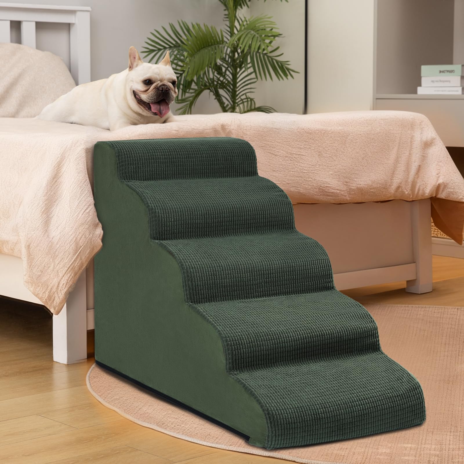 Aodisman 5-Step Dog Stairs and Ramp for High Bed, Non-Slip Sturdy Pet Steps for Small Dogs and Cats,22.2 H,Green