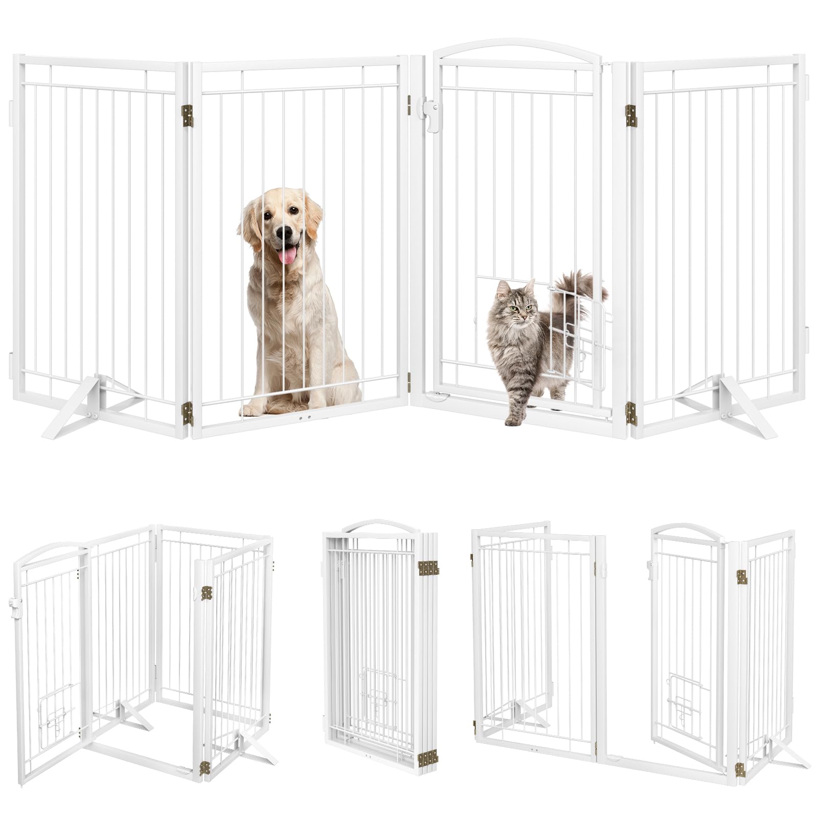 Metal Freestanding Dog Gate with Cat Door for Indoor/Outdoor,80 Extra Wide Foldable Pet Gate,32 Tall Foldable Indoor Dog Fence f