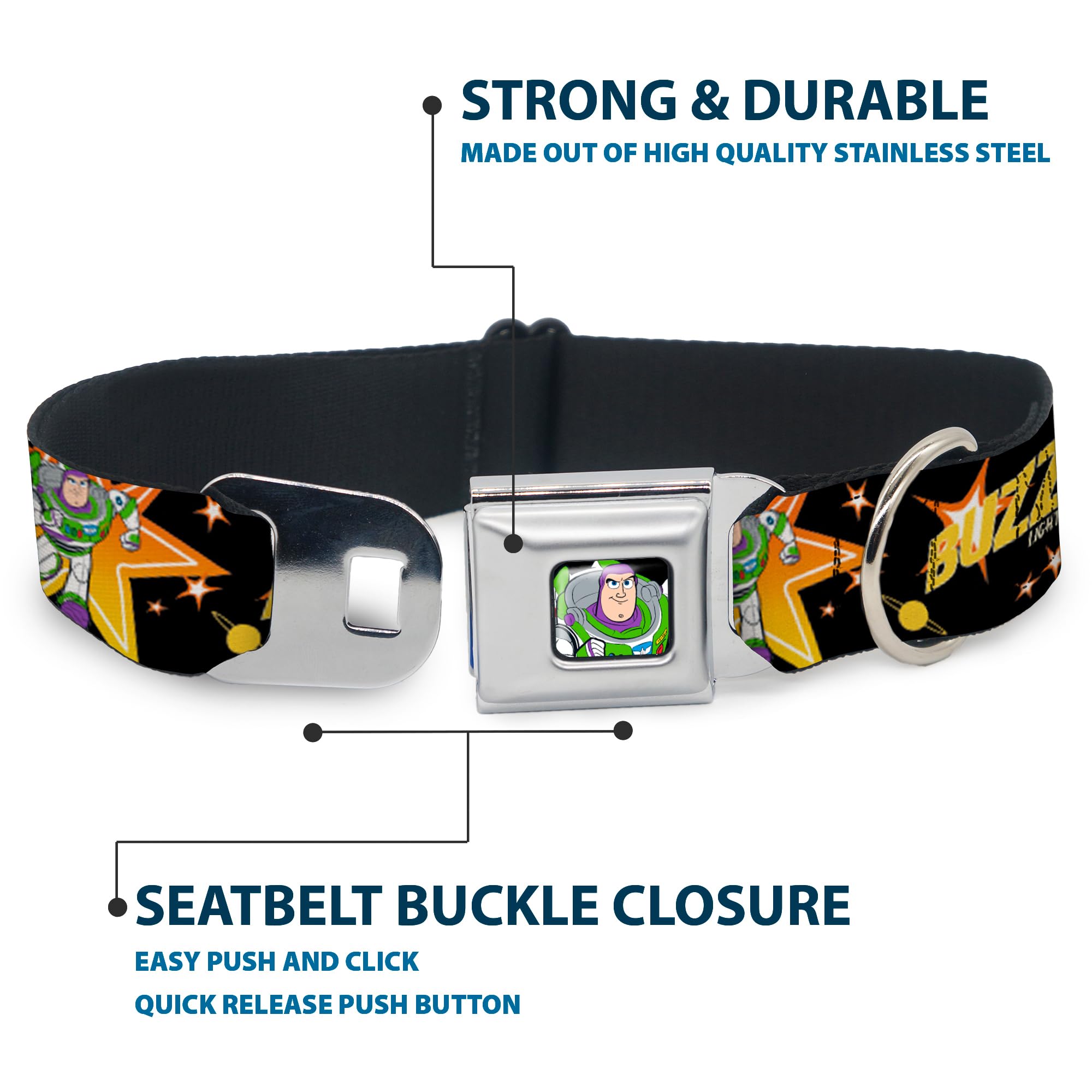 Buckle-Down Dog Collar Seatbelt Buckle Toy Story Buzz Lightyear Running Stars Black Orange Yellow, Multi Color, 1'''' Wide - Fit