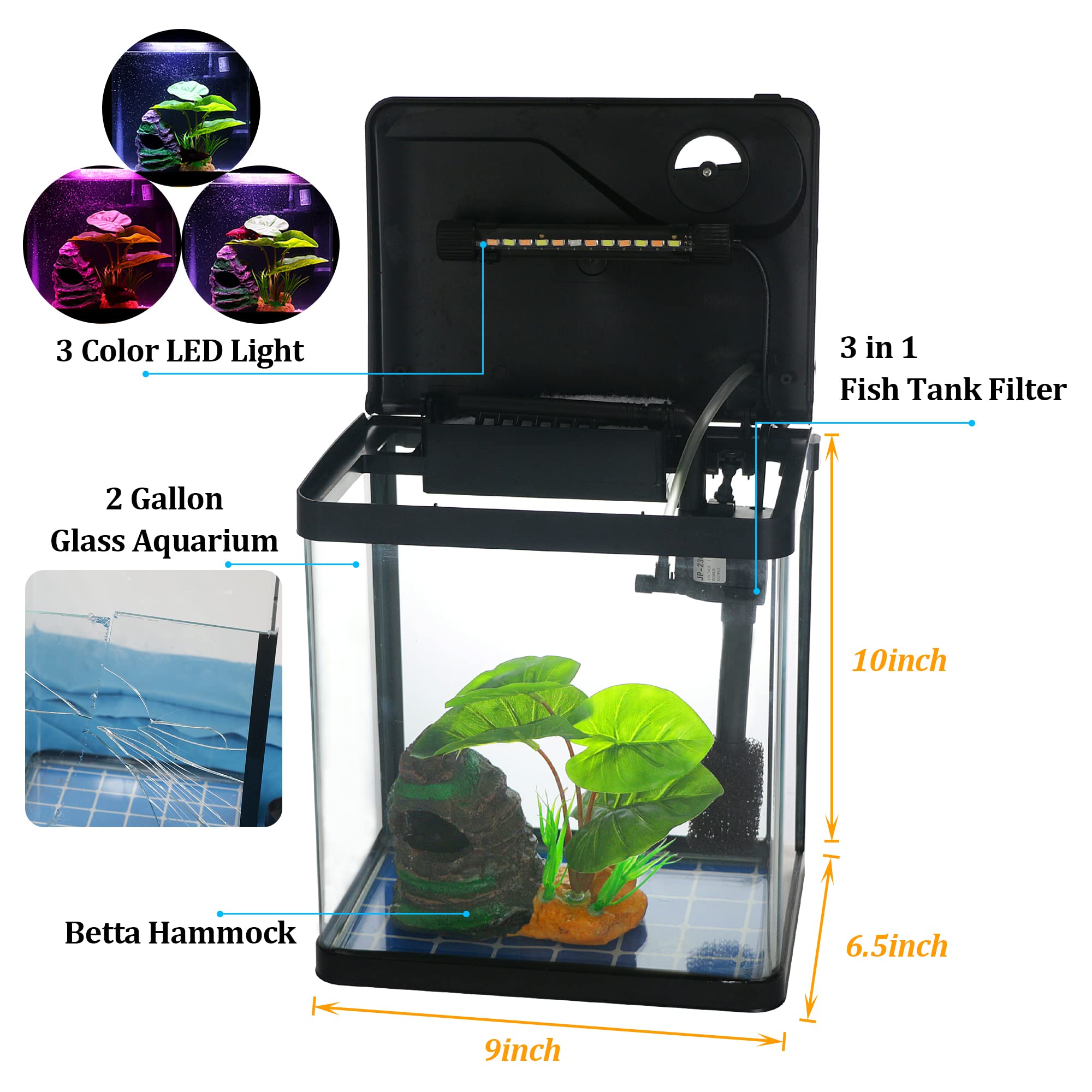 Betta Fish Tank Self Cleaning Glass 2 Gallon Small Nano Aquarium Starter Kits Desktop Room Decor w/LED Light Decorations & Whisp