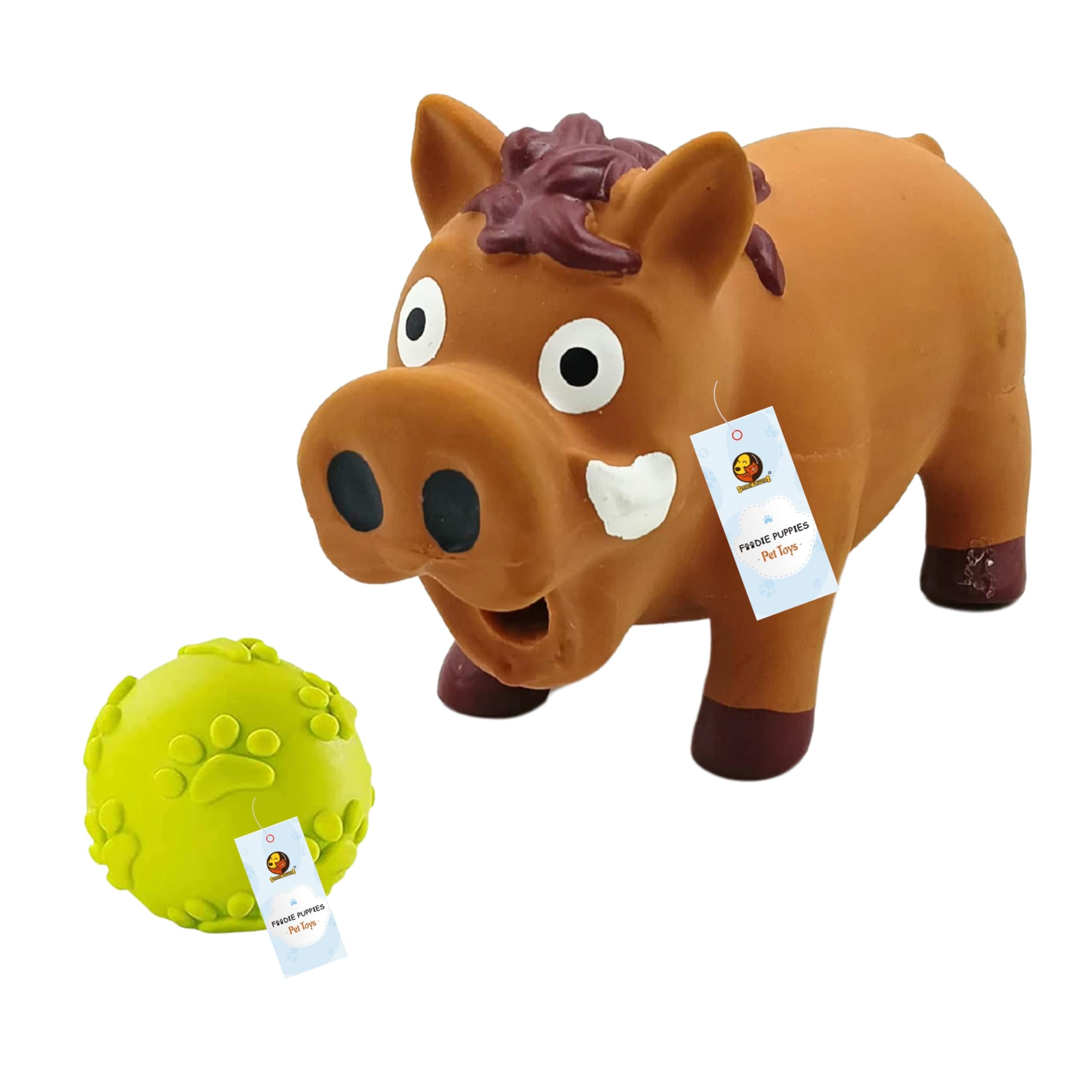 Foodie Puppies 2 In1 Latex Squeaky Chew Dog Toy Combo (Claw Ball + Brown Warthog) | NonToxic Interactive Durable Fetch Soft & S
