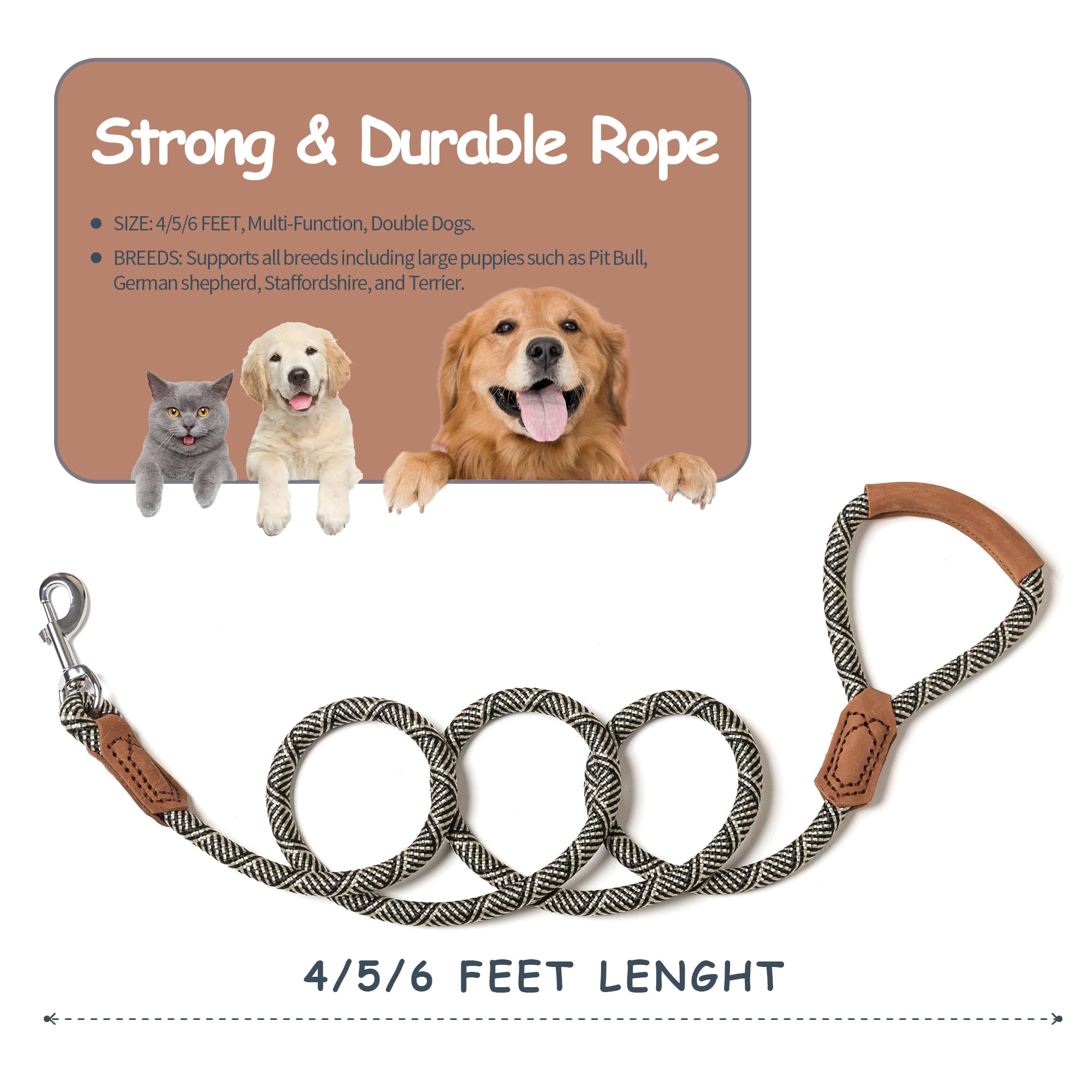 Mile High Life | Premium Leather Handle Dog Leash | Strong Rope Leash | Zinc Alloy Strong Clasp | Small Medium Large Dogs | 4/5/