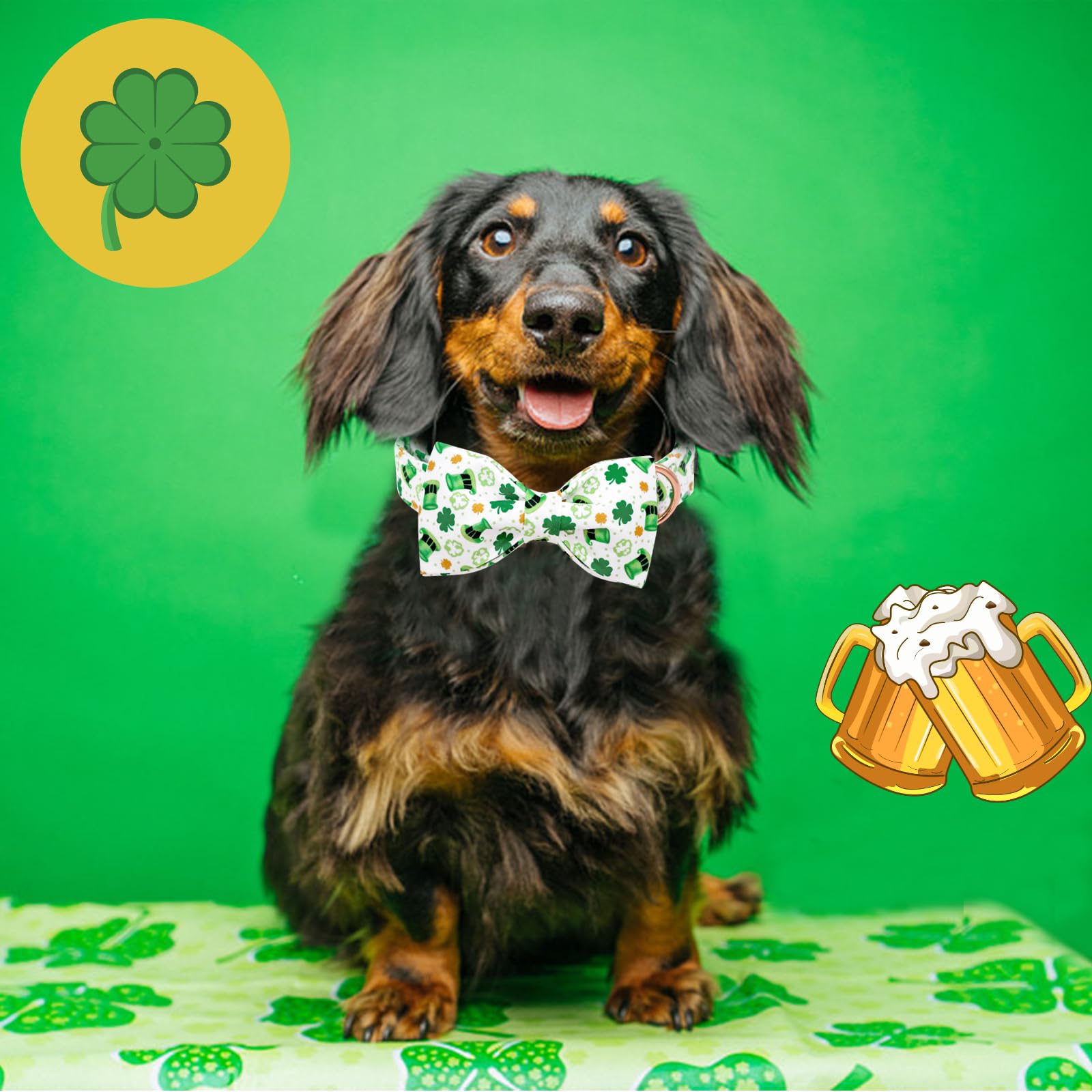 Lionheart Glory St. Patrick'S Day Dog Collar - Adjustable Green Collar With Lucky Clover Shamrock Bow For X-Small Dogs
