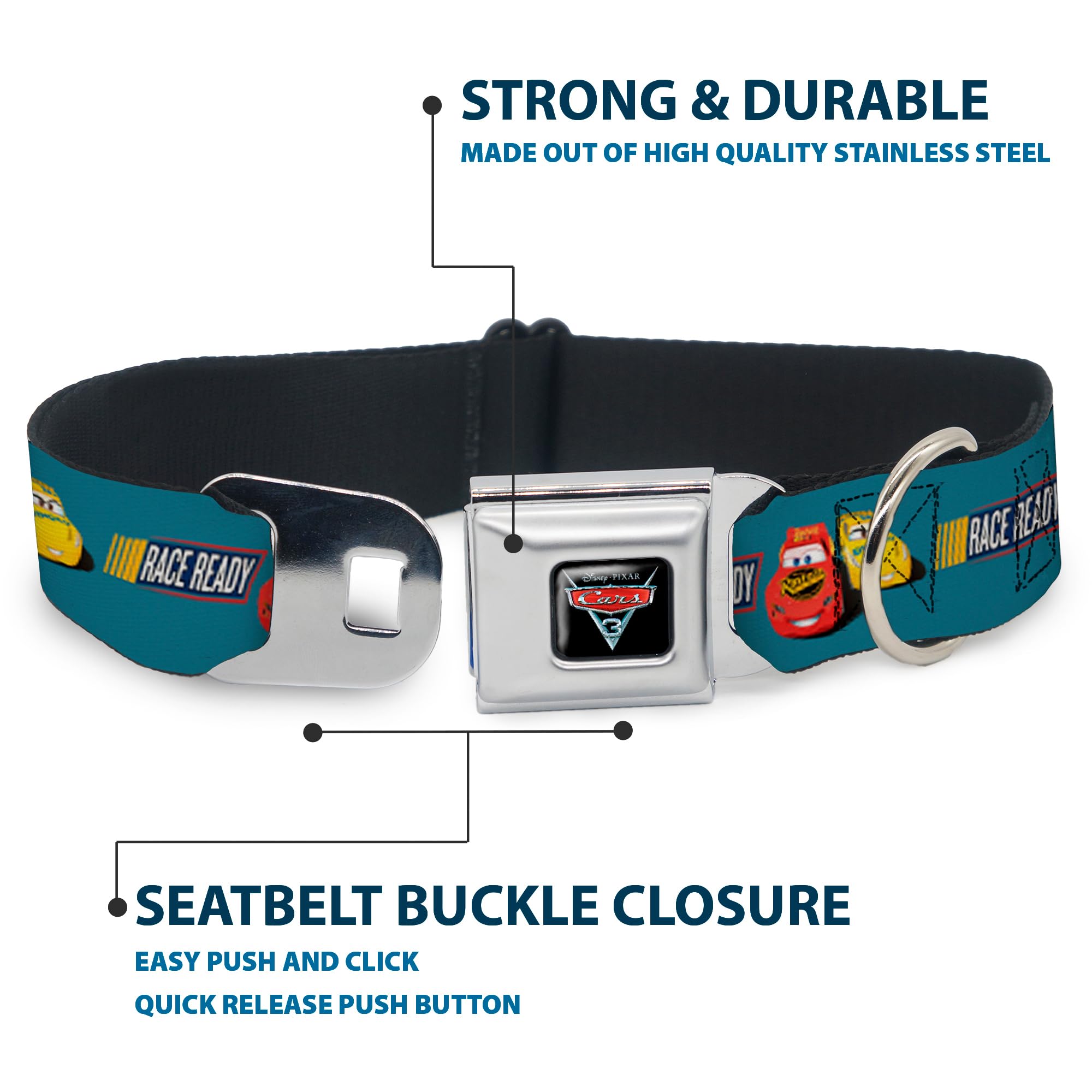Buckle-Down Dc-Wdy417-Wm Seatbelt Dog Collar, Wide Medium, Cars 3 Lightning Mcqueen/Cruz Ramirez Pose Race Ready Blue/Yellow/Red