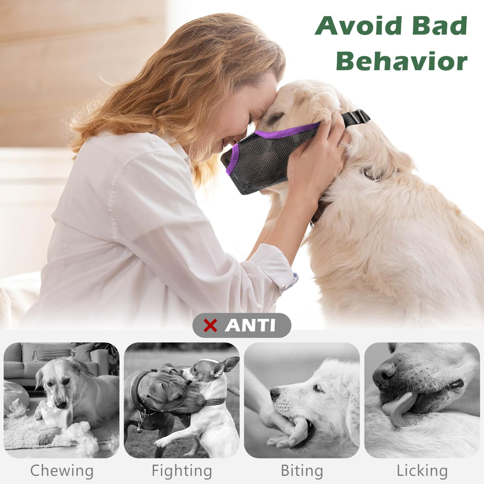 Purple Soft Dog Muzzle - Breathable Air Mesh, Allows Panting & Drinking - Adjustable Strap For Small To Large Dogs