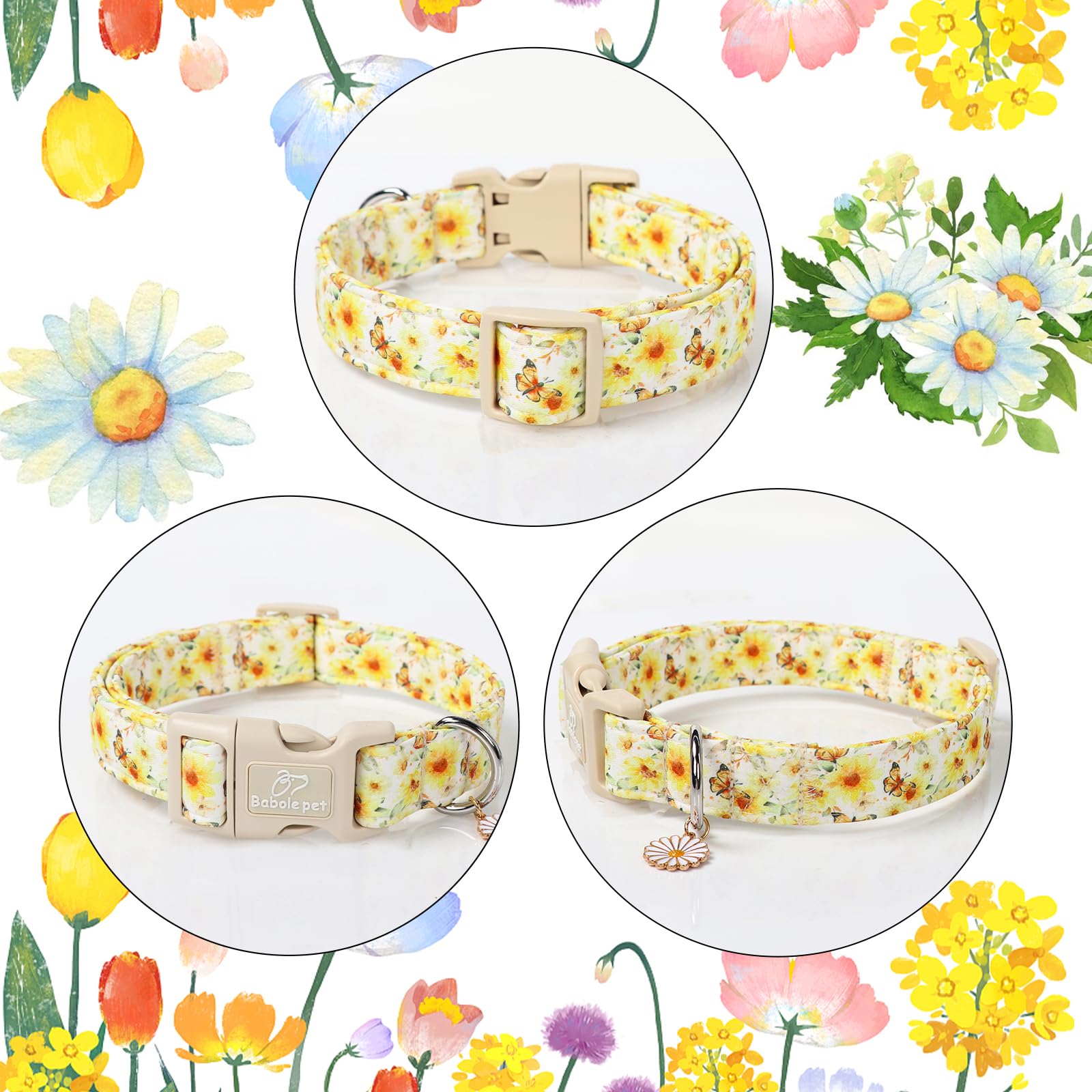 Babole Pet Adjustable Floral Dog Collar, Yellow Sunflower&Butterfly Dog Collars For Puppy & Tiny Dogs, Lightweight Quick-Release