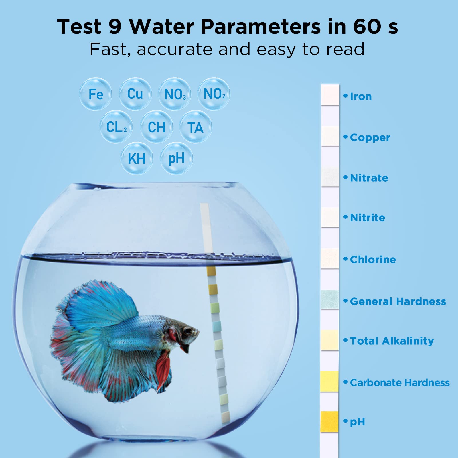 9 in 1 Aquarium Test Strips - 100 Strips Aquarium Water Test Kits for Freshwater Saltwater - Testing for Iron, Copper, Nitrite,