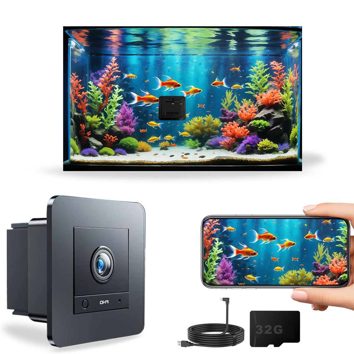 2K HD Aquarium Camera for Fish: Tanks Reptile Terrariums Camera - Anti-Glare Lens Night Vision Two-Way Audio AI Motion Detection