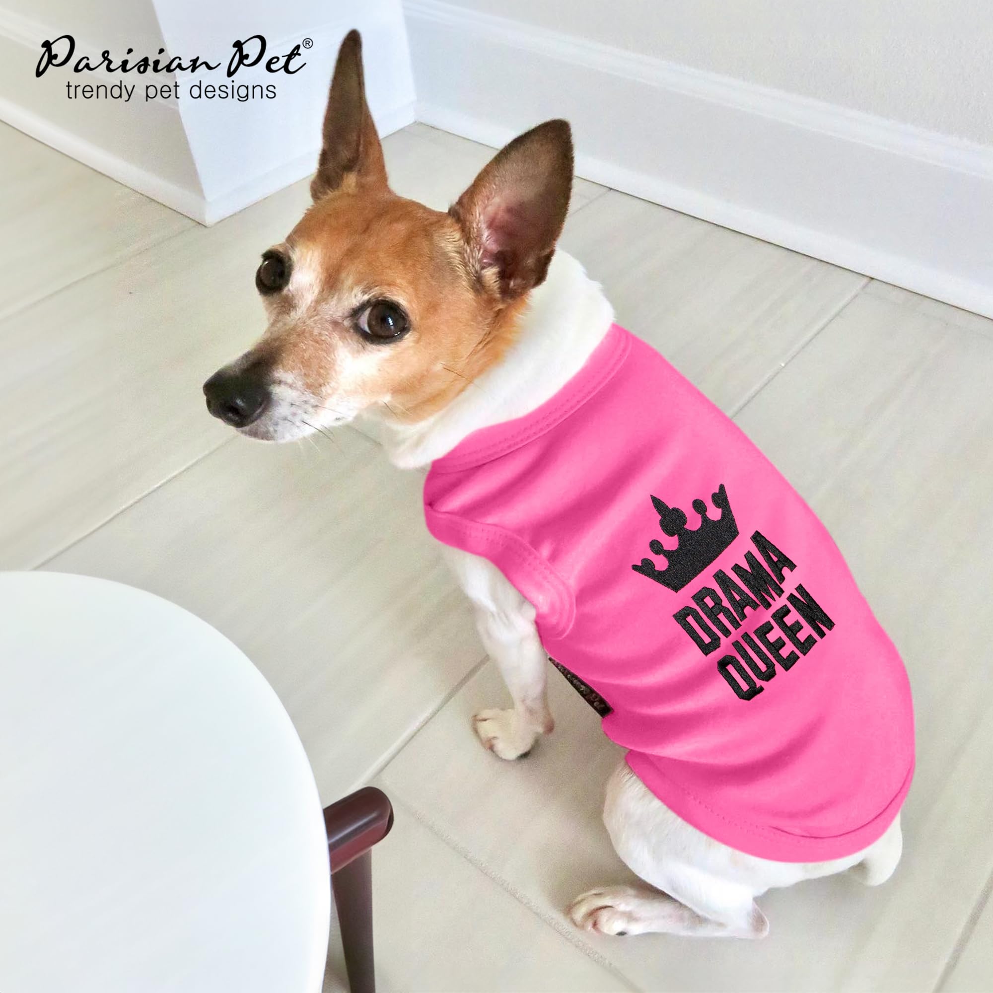 Parisian Pet Dog Tshirt - Embroidered “ Drama Queen “ Dog Shirt - Breathable And Lightweight Dog Clothes - Sleeveless Pink Dog Tee Shirts - Machine Washable Dog Shirts For Small Dogs Girl - Xs