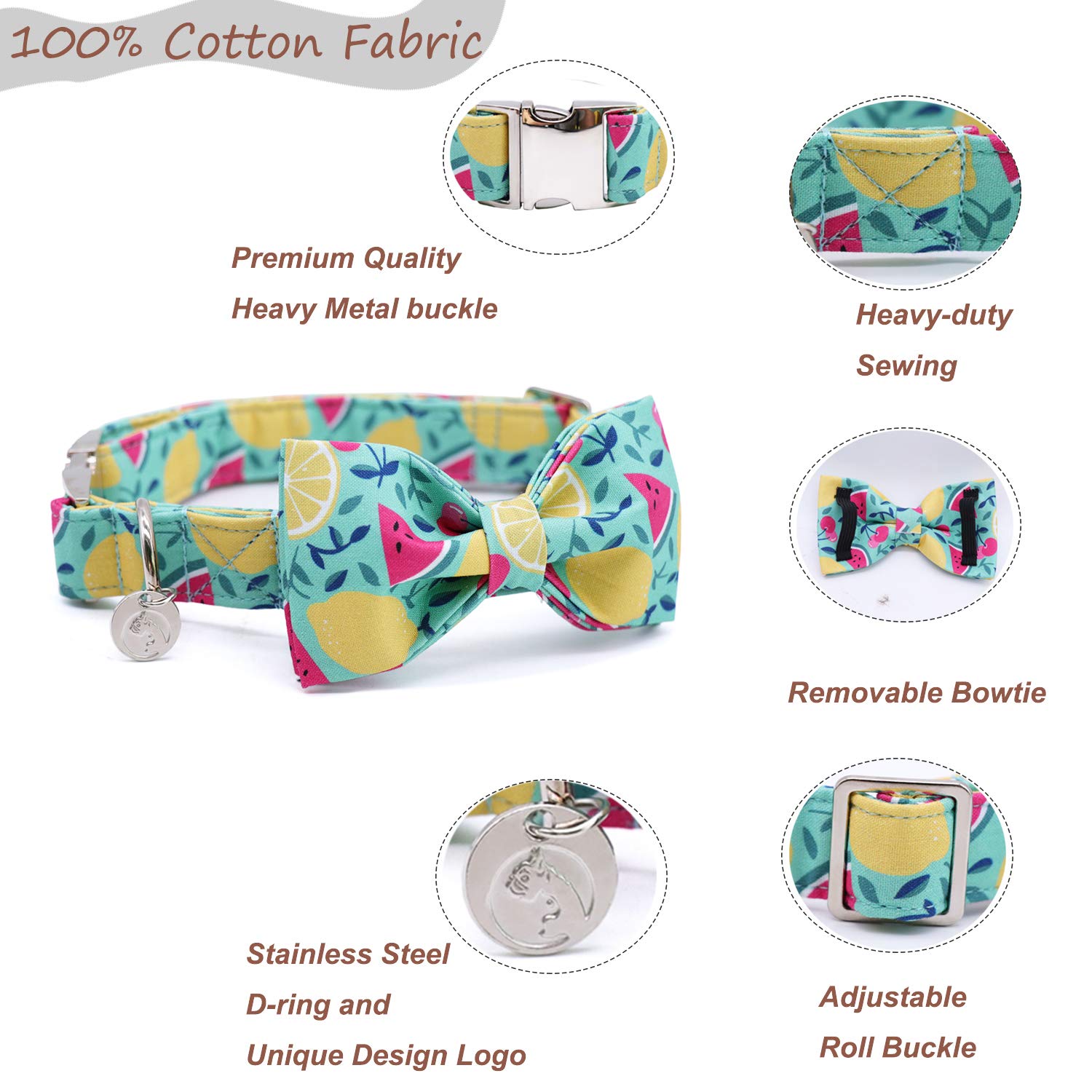 Dogwong Cotton Summer Dog Collars, Lemon Bowtie Dog Collar, Adjustable Heavy Duty Girl Dog Collar With Bow For Small Medium Larg