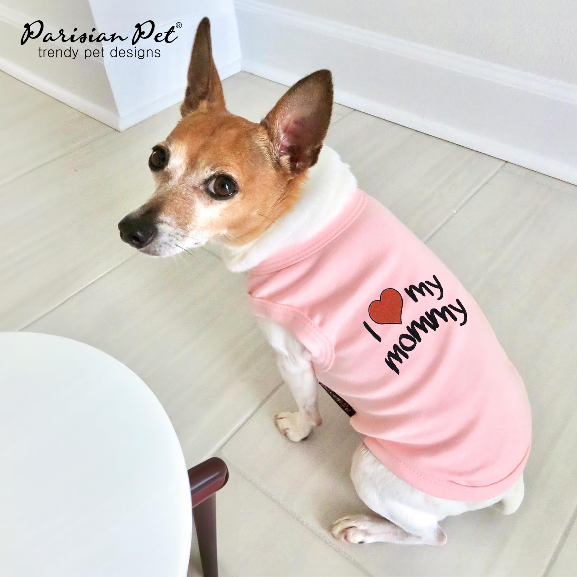 Parisian Pet Dog T-Shirt With Embroidered 'I Love My Mommy' Words - 100% Cotton, Pink Dog Clothes - Breathable Sleeveless Pet Vest - Machine Washable Dog Shirts For Small Dogs, S