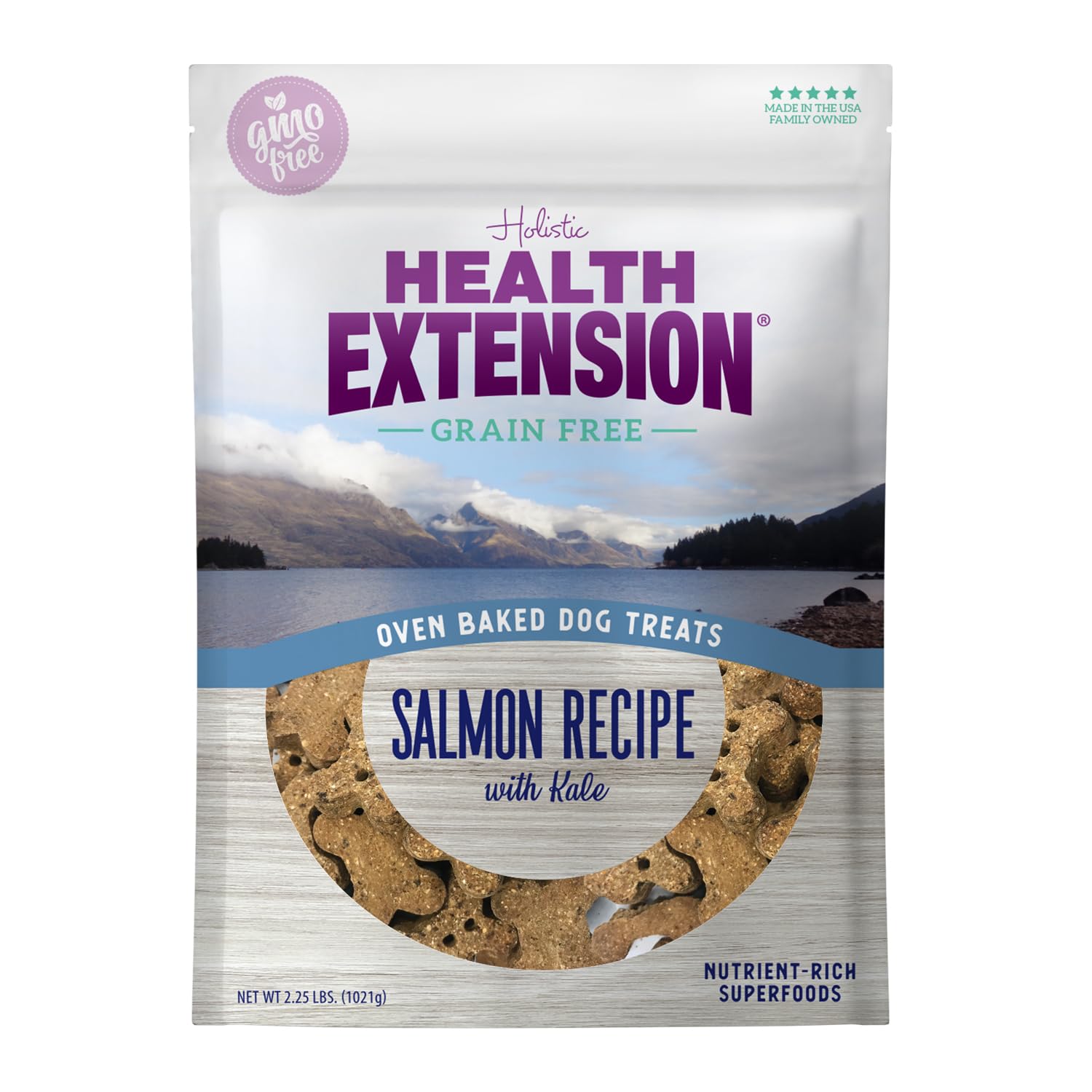 Health Extension Oven-Baked Dog Treats, 2.25lb (1.02kg), Salmon & Kale Recipe - Gluten & Grain-Free, Superfood-Infused, Crunchy 