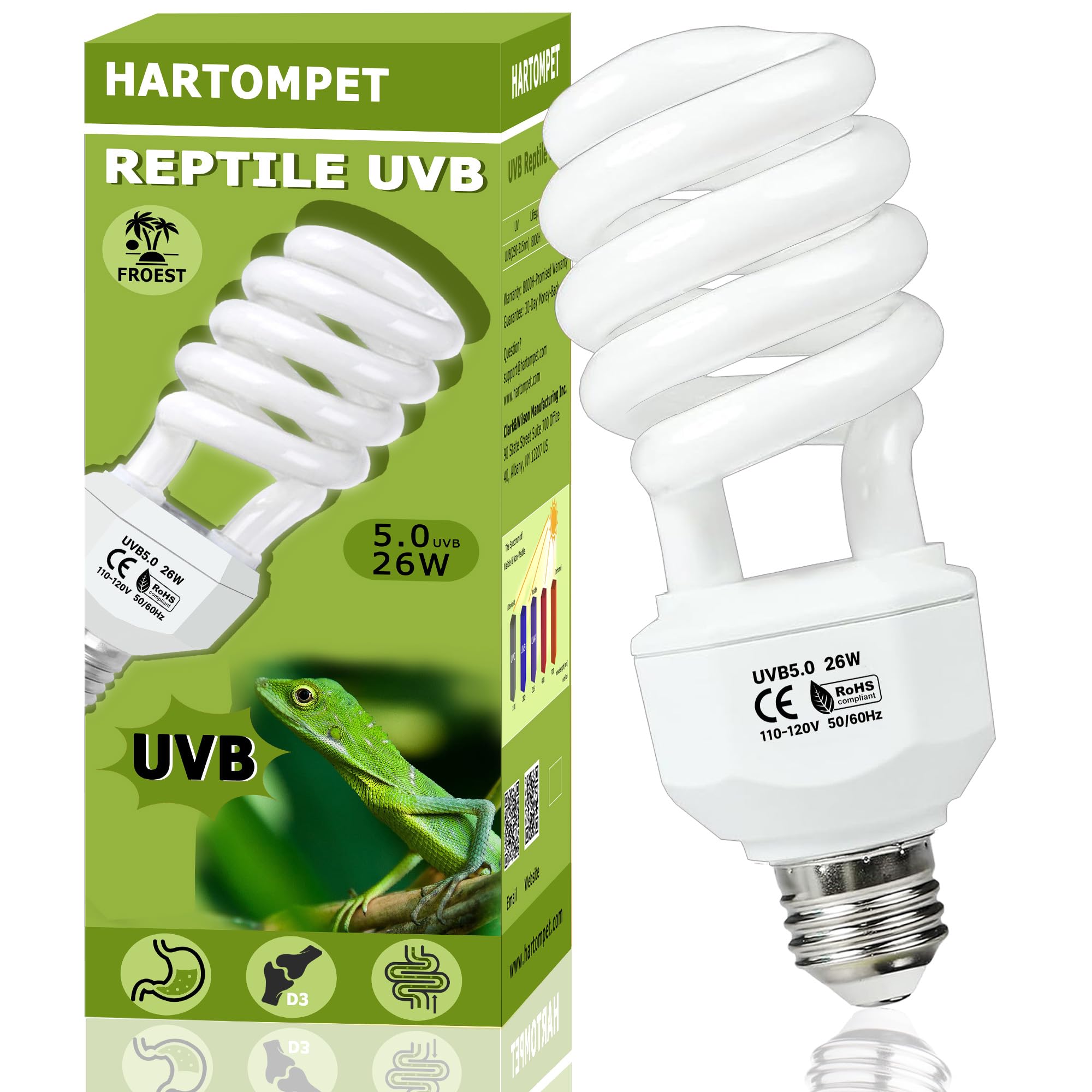 Hartompet Uvb 5.0 Reptile Light 26W, Compact Fluorescent Tropical Terrarium Lamp, Coil Uvb Bulbs For Chameleons, Iguanas, Turtle