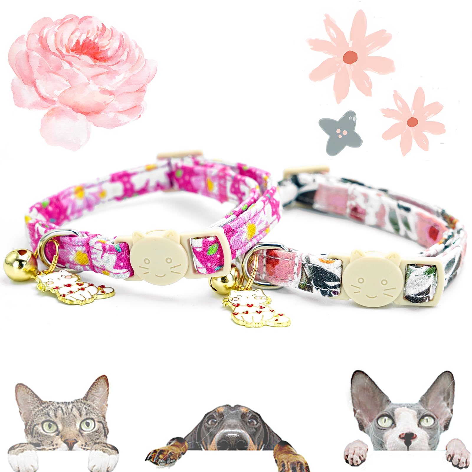 Elegant Little Tail 2 Pack Cat Collar-Pink Floral Print Cotton Breakaway Cat Collars With Bell Pendant Kitten Safety Adjustable