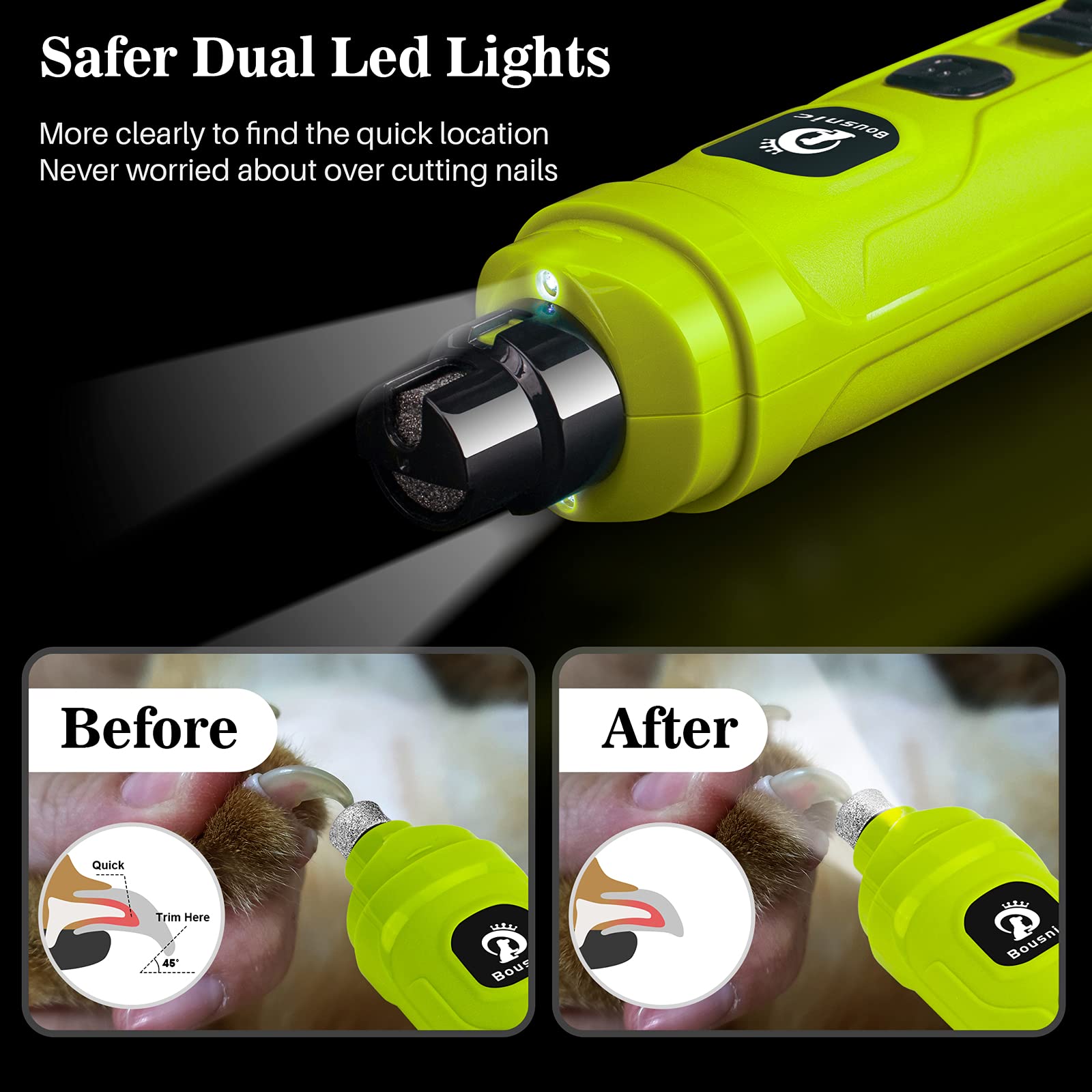 Bousnic Dog Nail Grinder With 2 Led Light - Super Quiet Pet Nail Grinder Powerful 2-Speed Electric Dog Nail Trimmer File Toenail Grinder For Puppy Small Medium Large Breed Dogs & Cats (Green)