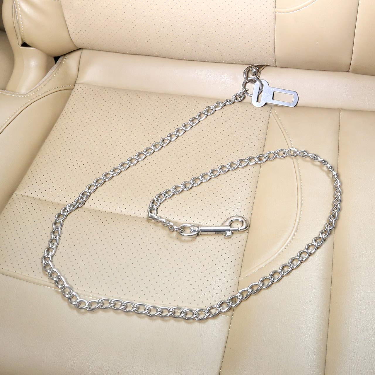 Mogoko Stainless Steel No Chew Dog Car Seat Belt, Pet Vehicle Safety Restraint Cable, Heavy Duty Big Canine Dog Car Leash Strap With Double Clip And Latch Attachment-33 Inch