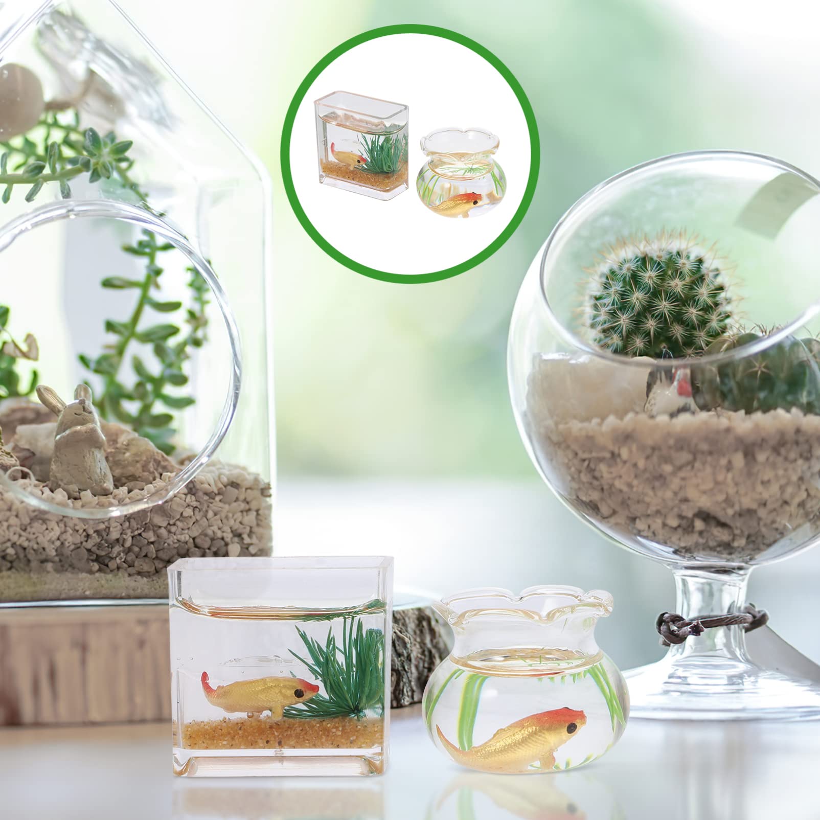 Kisangel 2Pcs Miniature Fish Bowl Fish Tank Mini Fish Tank Accessories (The Color Of Fish Is Random)