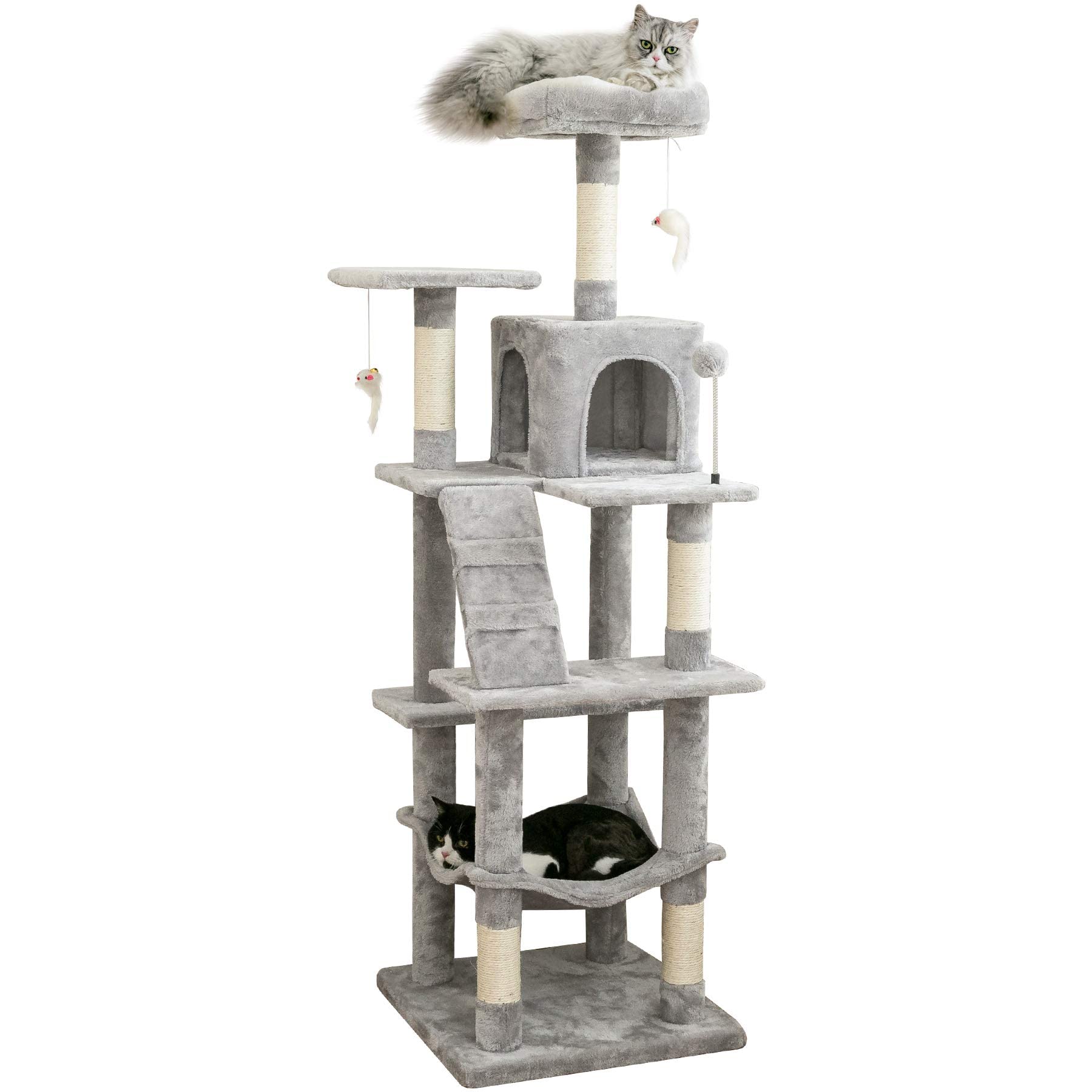 Mwpo 63.8 Inches Multi-Level Cat Tree For Large Cats With Sisal-Covered Scratching Posts, Padded Platform, Hammock And Condo,Stable Cat Tower Cat Condo Pet Play House-Light Gray