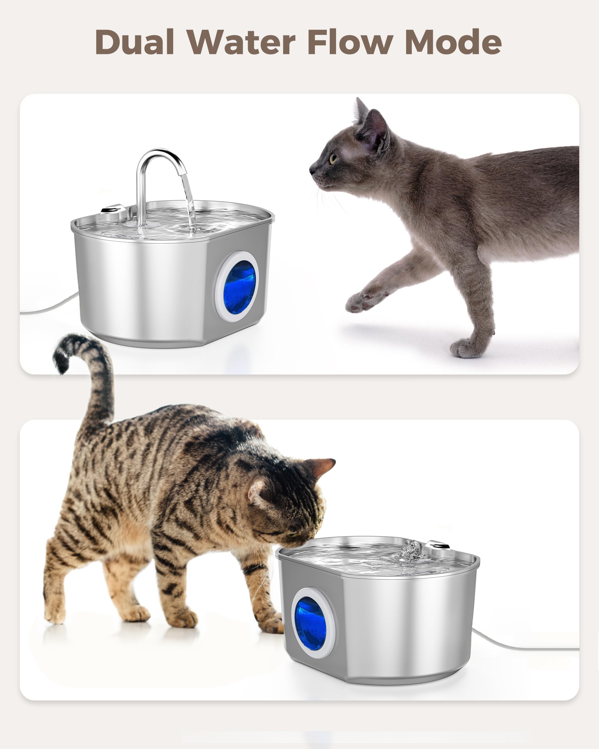 Cat Water Fountain Stainless Steel: 74oz/2.2L Cat Fountain for Drinking- Pet Water Fountain Inside - Automatic Dog Watering Disp