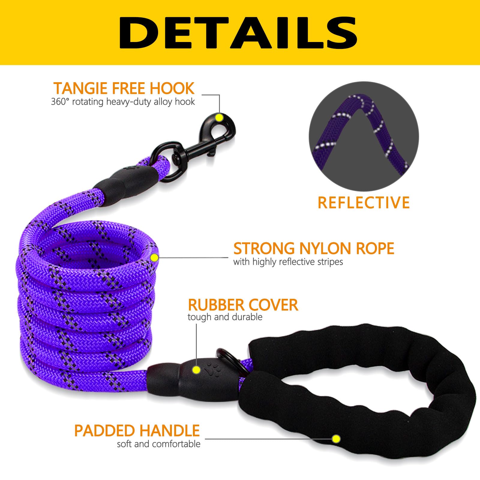 POUPUA 6FT Rope Dog Leash with Comfortable Padded Handle, Heavy Duty Leash for Small Medium and Large Dogs with Highly Reflectiv