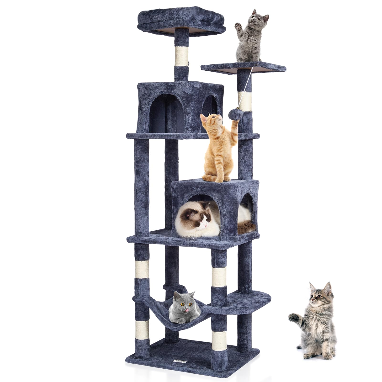 VEVOR Cat Tree 63 Cat Tower with 2 Cat Condos Sisal Scratching Post Light Grey