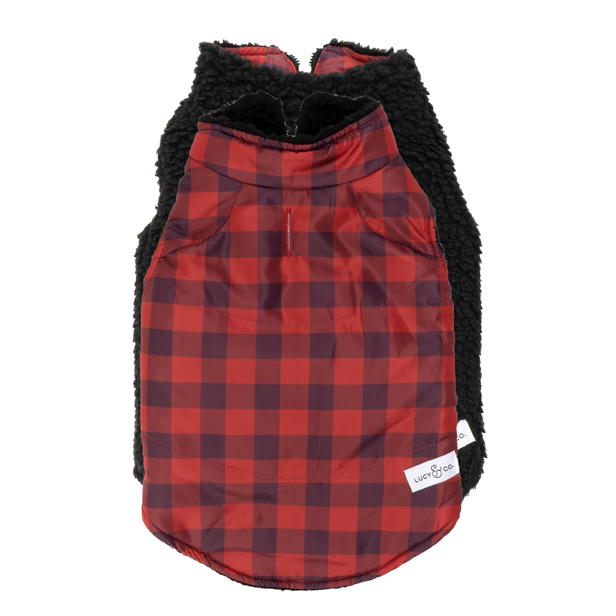 Lucy & Co. The Holly Jolly Reversible Teddy Puffer Vest (Pets) For Small Dogs, Medium Dogs And Large Dogs - Large - Red Black Te