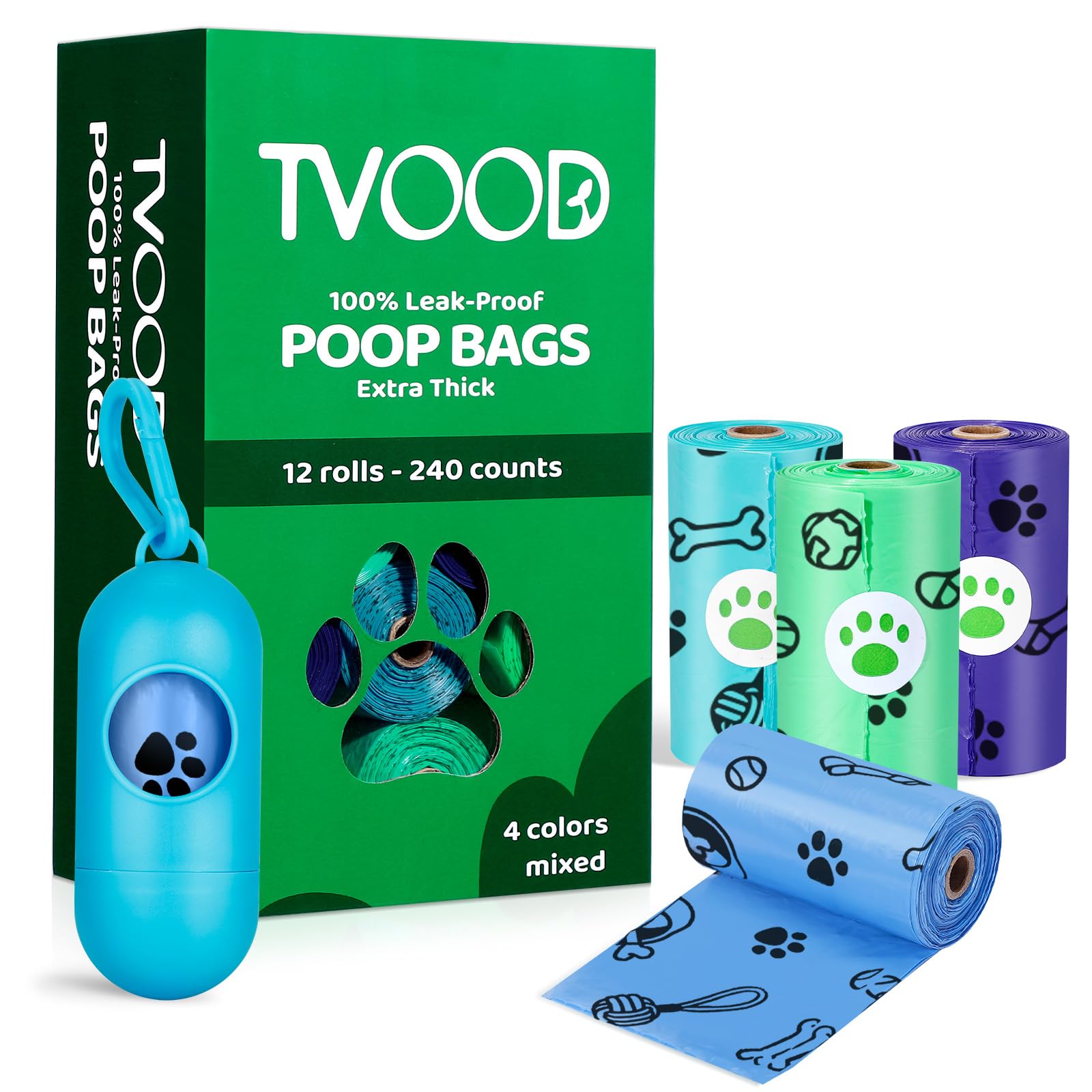 Doggie Poop Bag Rolls: 240 Count Extra Thick Strong Leak Proof Dog Waste Bags with Dispenser | Unscented - Blue