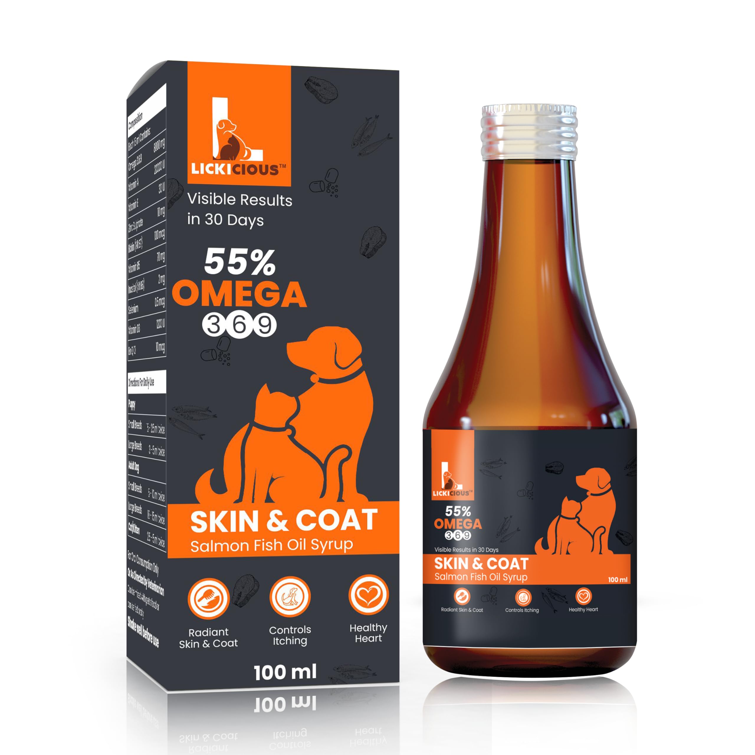 Lickicious Skin & Coat Syrup For Dogs & Cats 100 Ml | 55% Salmon Fish Oil, Omega 3 6 9 | Shinier Coat, Itch & Allergy Control | 
