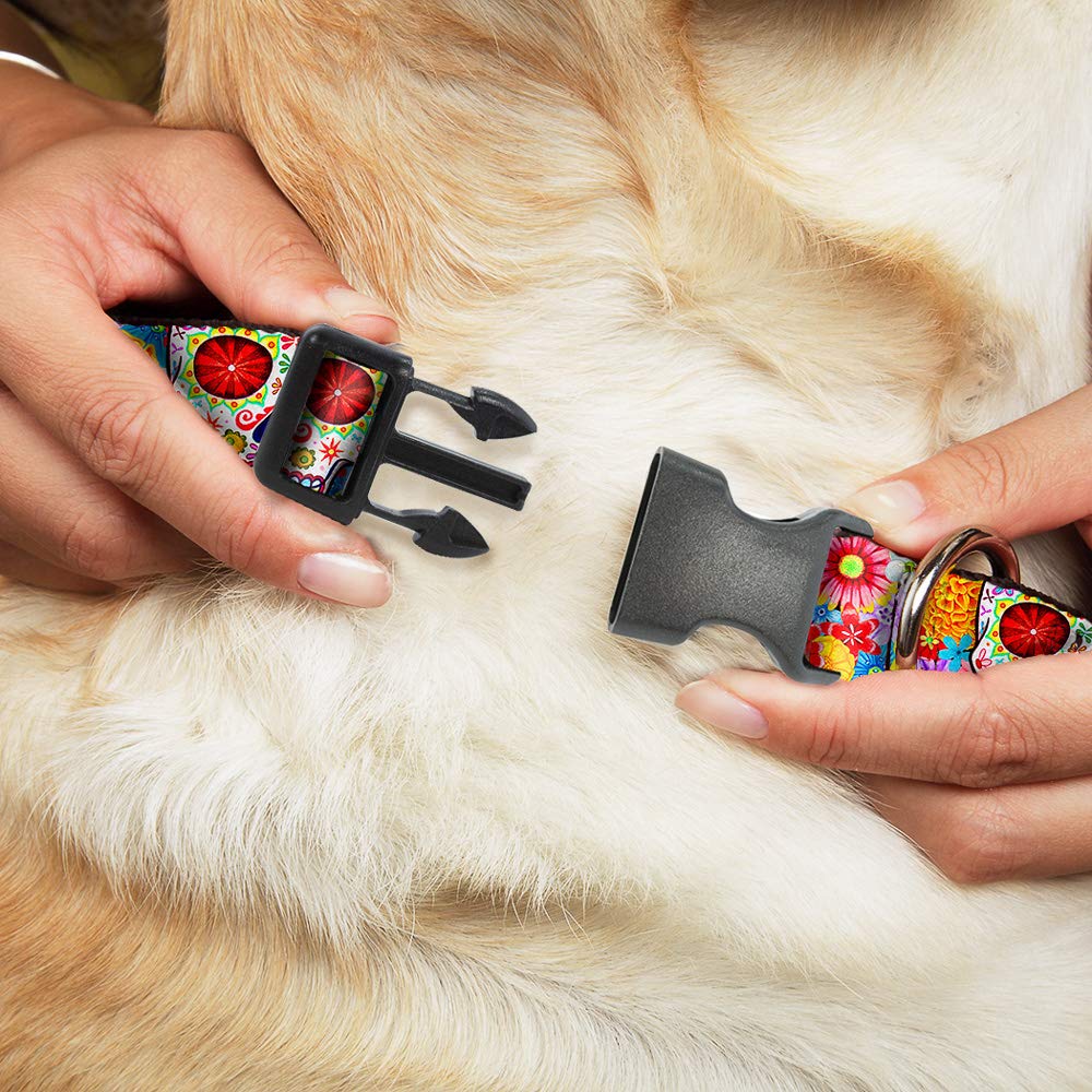 Buckle-Down Plastic Clip Collar - Sugar Skull Starburst White/Multi Color - 1' Wide - Fits 11-17' Neck - Medium