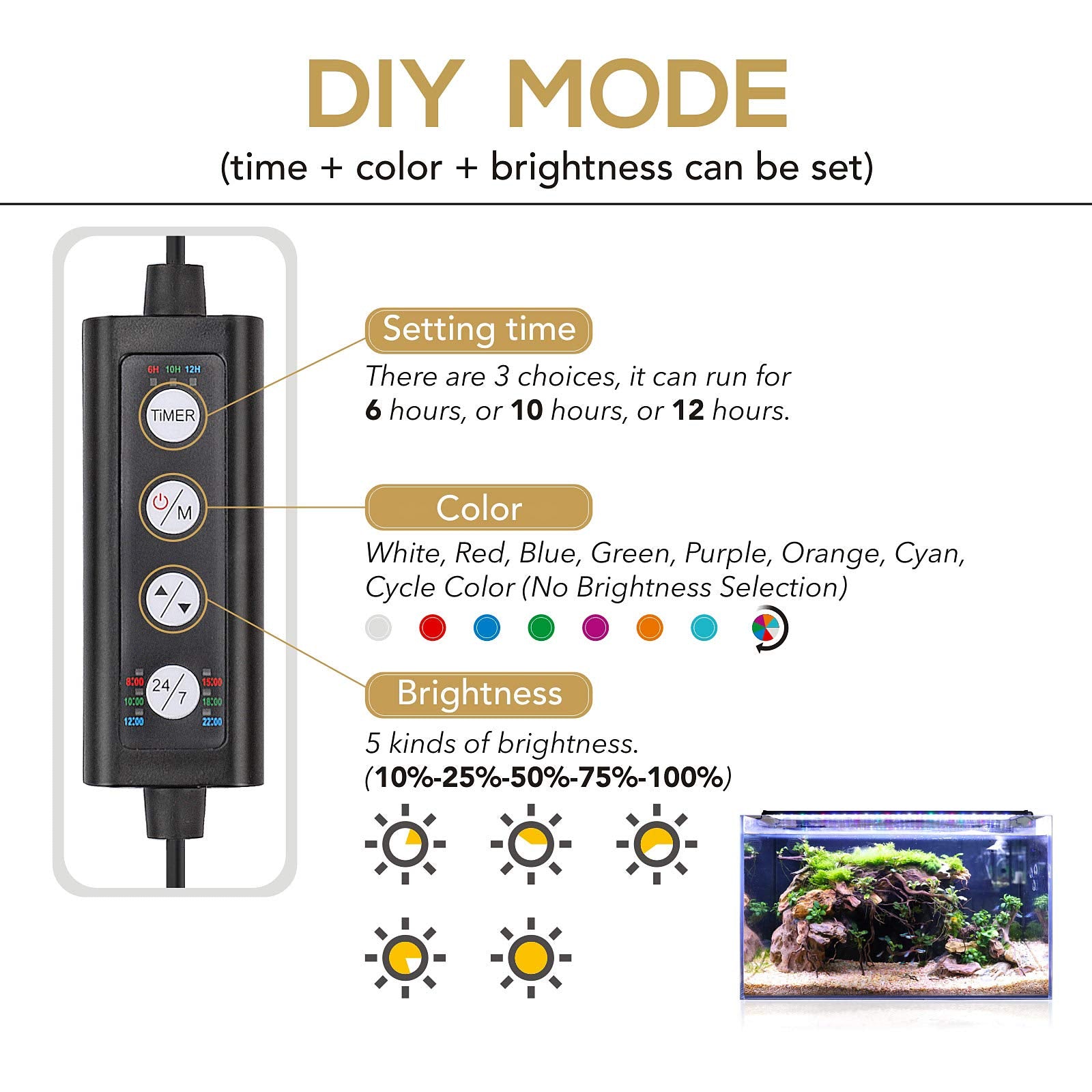 Hygger 36W 24/7 Lighting Aquarium Led Light, Sunrise-Daylight-Moonlight Mode And Diy Mode, Adjustable Timer Adjustable Brightness Fish Tank Light With Extendable Bracket 7 Colors For Planted Tank