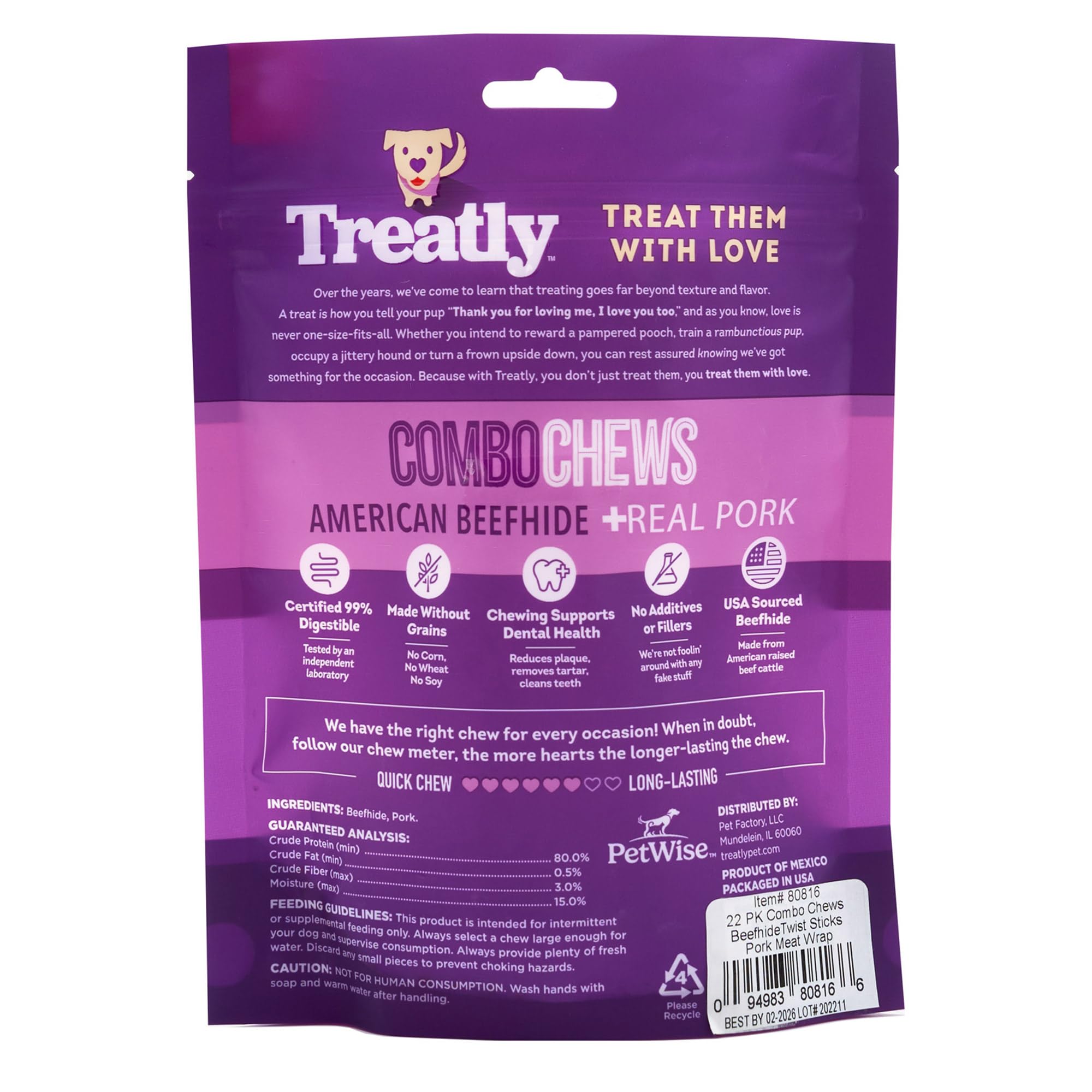 Treatly Combo Chews Beefhide Twist Sticks 5 w/Pork Meat Wrap Dog Chew Treats - 20 Count/1 Pack
