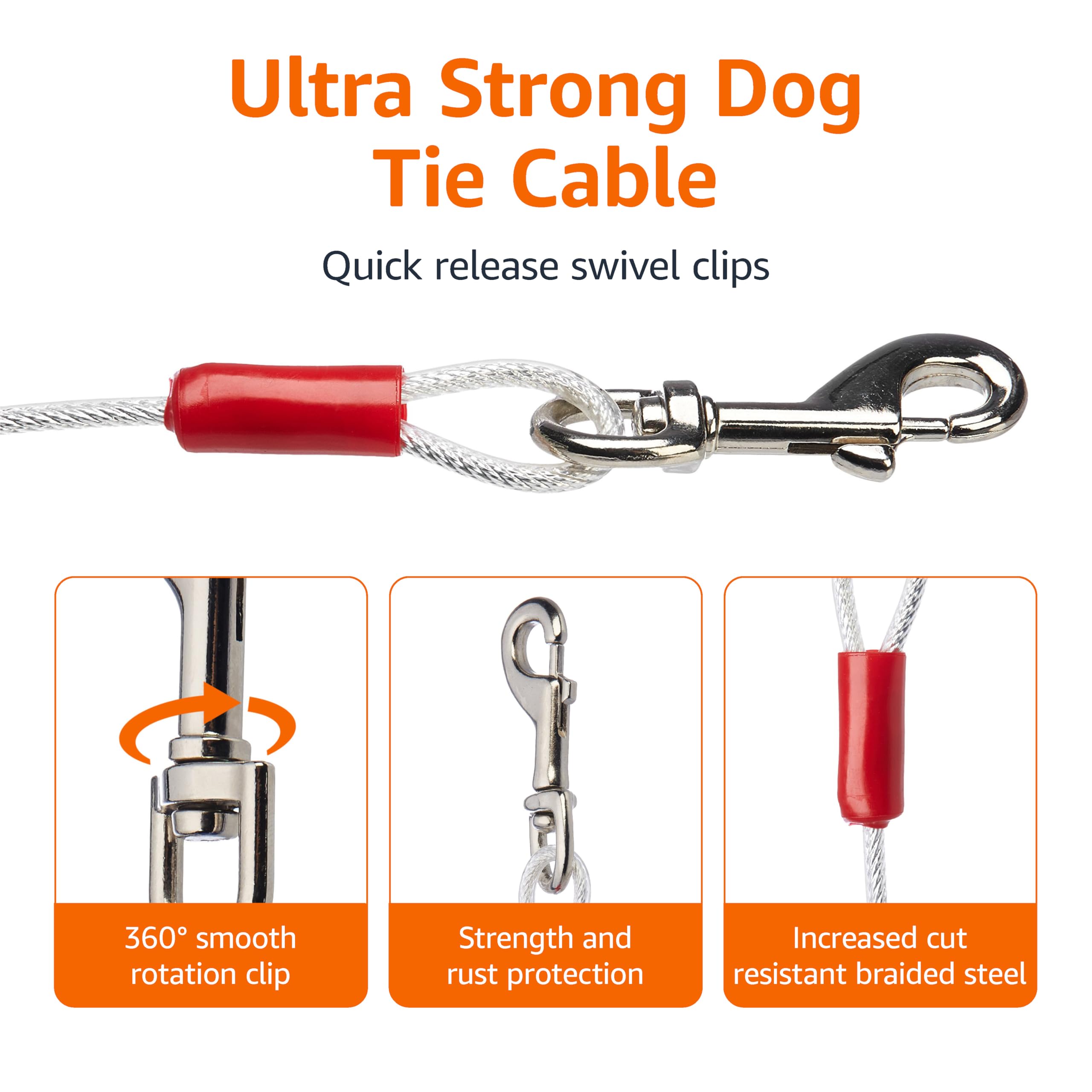 Amazon Basics Tie-Out Cable For Dogs Up To 90 Lbs, 25 Feet, White