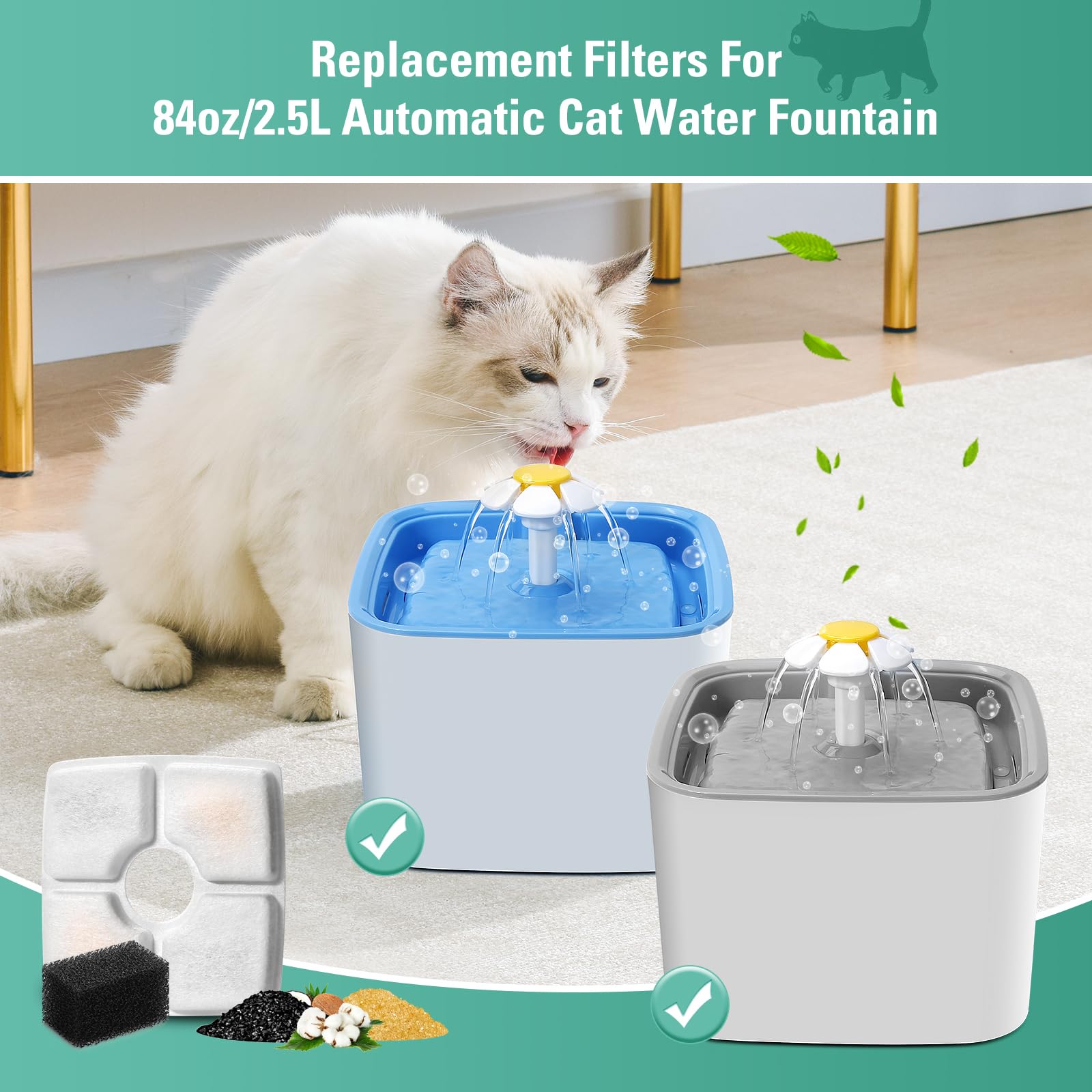 8 Pack Replacement Filters & 8 Pack Pre-Filter Sponges For 84Oz/2.5L Automatic Pet Fountain, Bflicroy Cat Water Fountain Filter,