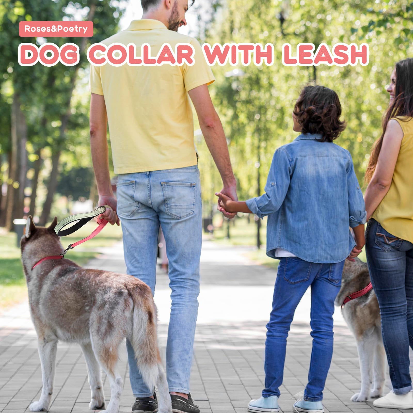 Roses&Poetry Pink Dog Leash And Collar Set, Reflective Dog Collar And Leash For Large Dogs, Adjustable Durable Matching Collars
