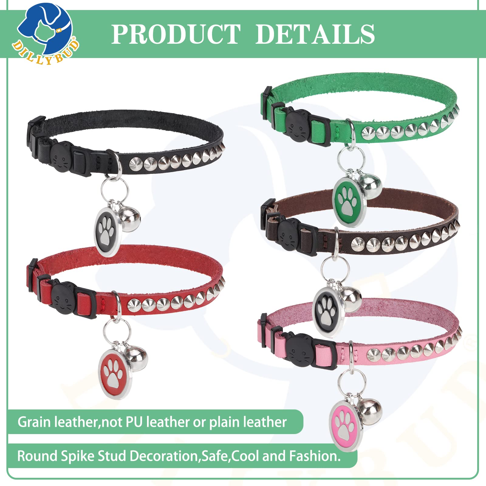Dillybud Leather Personalized Breakaway Cat Collar With Studded Bell And Safety Quick Release Buckle - Rivets Studded Id Diy Collars For Boy Girl Cats Kittens, 9' - 11.5' Green