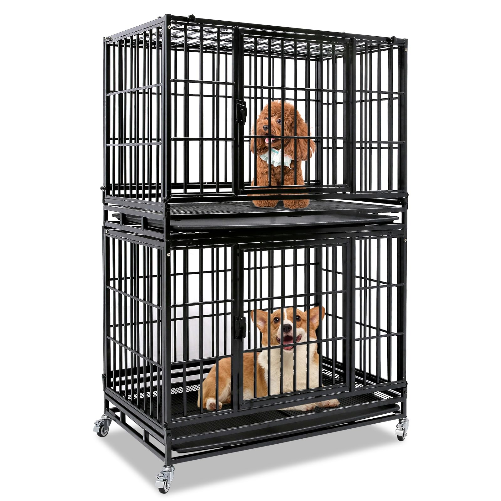Homey Pet 37 Inch Heavy Duty Dog Crate Indestructible, Collapsible Dog Cage With Lockable Wheels, Removable Tray, High Anxiety D
