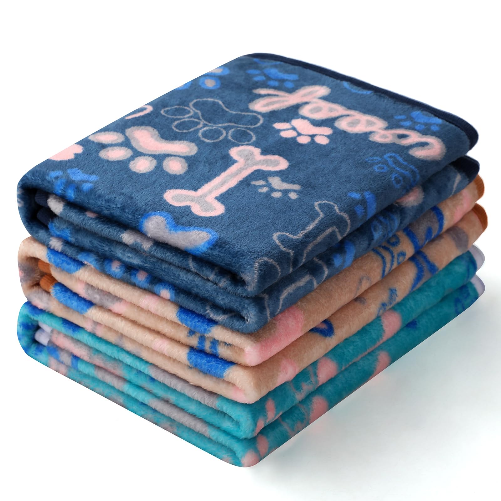 Luciphia 1 Pack 3 Blankets Fluffy Premium Fleece Pet Blanket Flannel Paw Bone Printed Throw For Dog Cat(Medium 30'X20', Khaki/Blue/Navy)