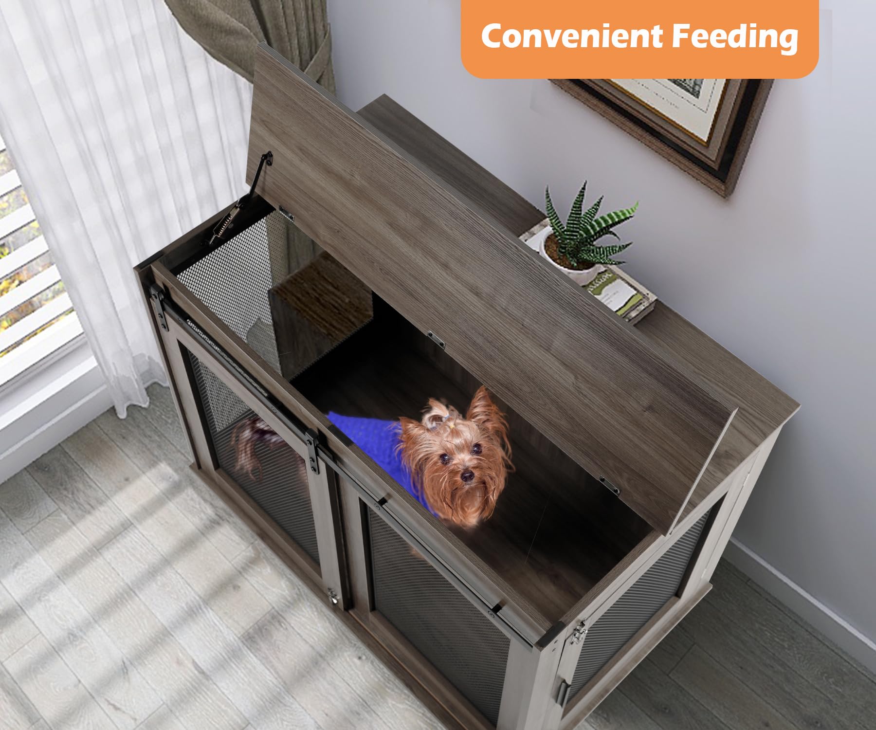 LINLUX 47" XL Dog Crate - Heavy Duty Wooden Kennel, Brown, Engineered Wood, Model BFGLX448GE, with Sliding Doors and Wheels