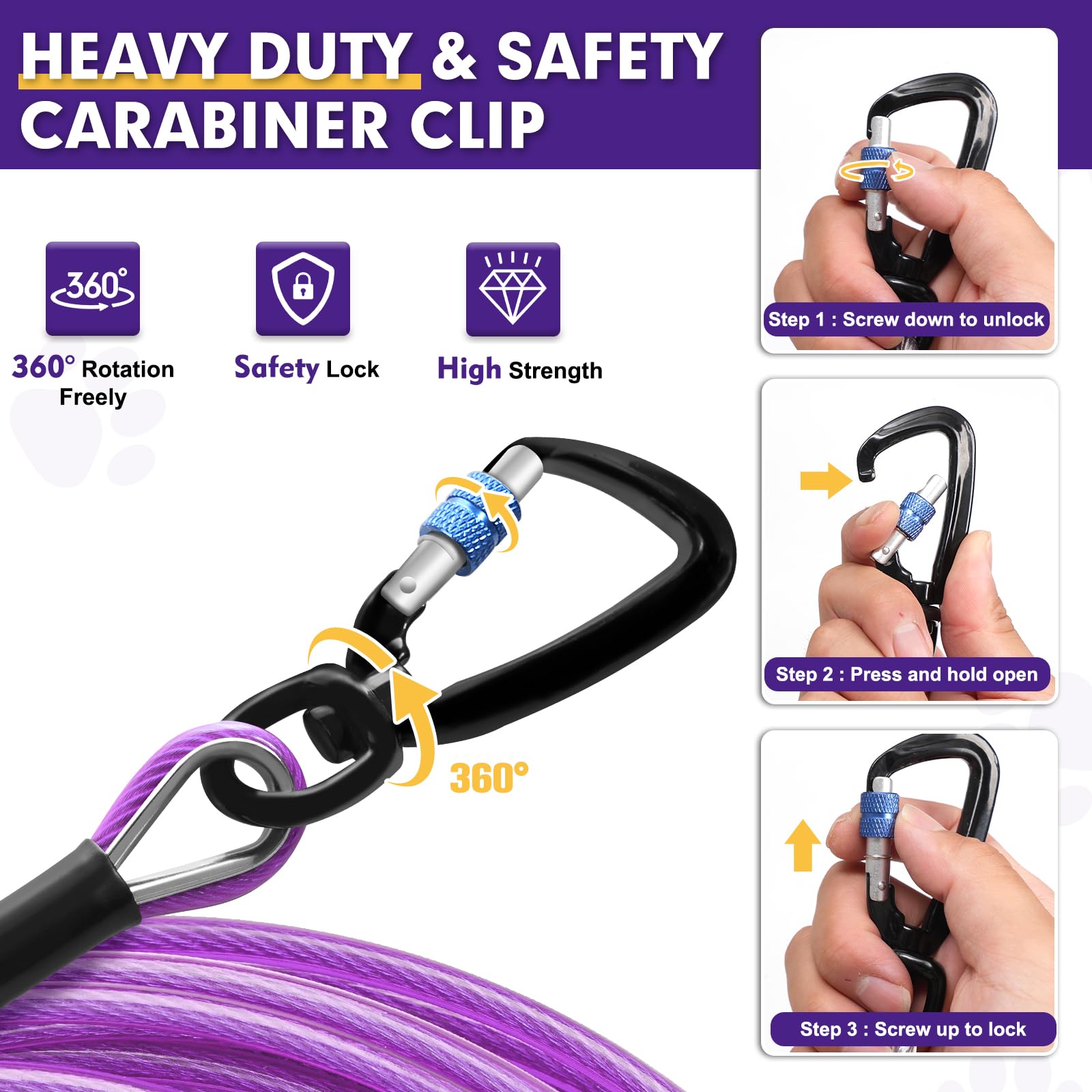 Snagle Paw Heavy Duty Long Dog Leads For Yard 200Ft-1000Lbs Break Strength,Dog Tie Out Cable With Swivel Lockable Hook & Spring,