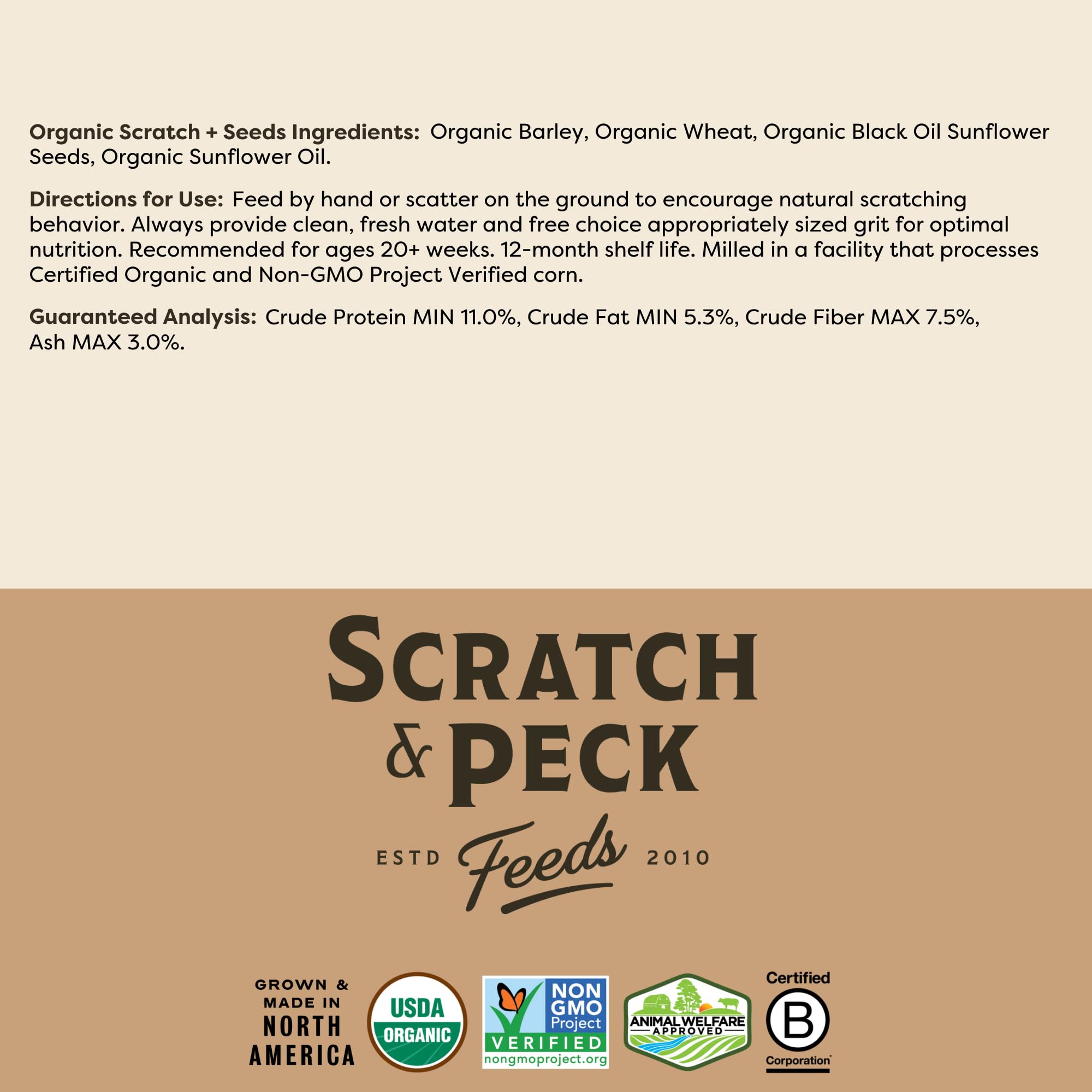 Scratch and Peck Scratch + Seeds Chicken and Duck Treat - 25 lbs Bag - 11% Protein, Certified Organic and Non-GMO Project Verifi