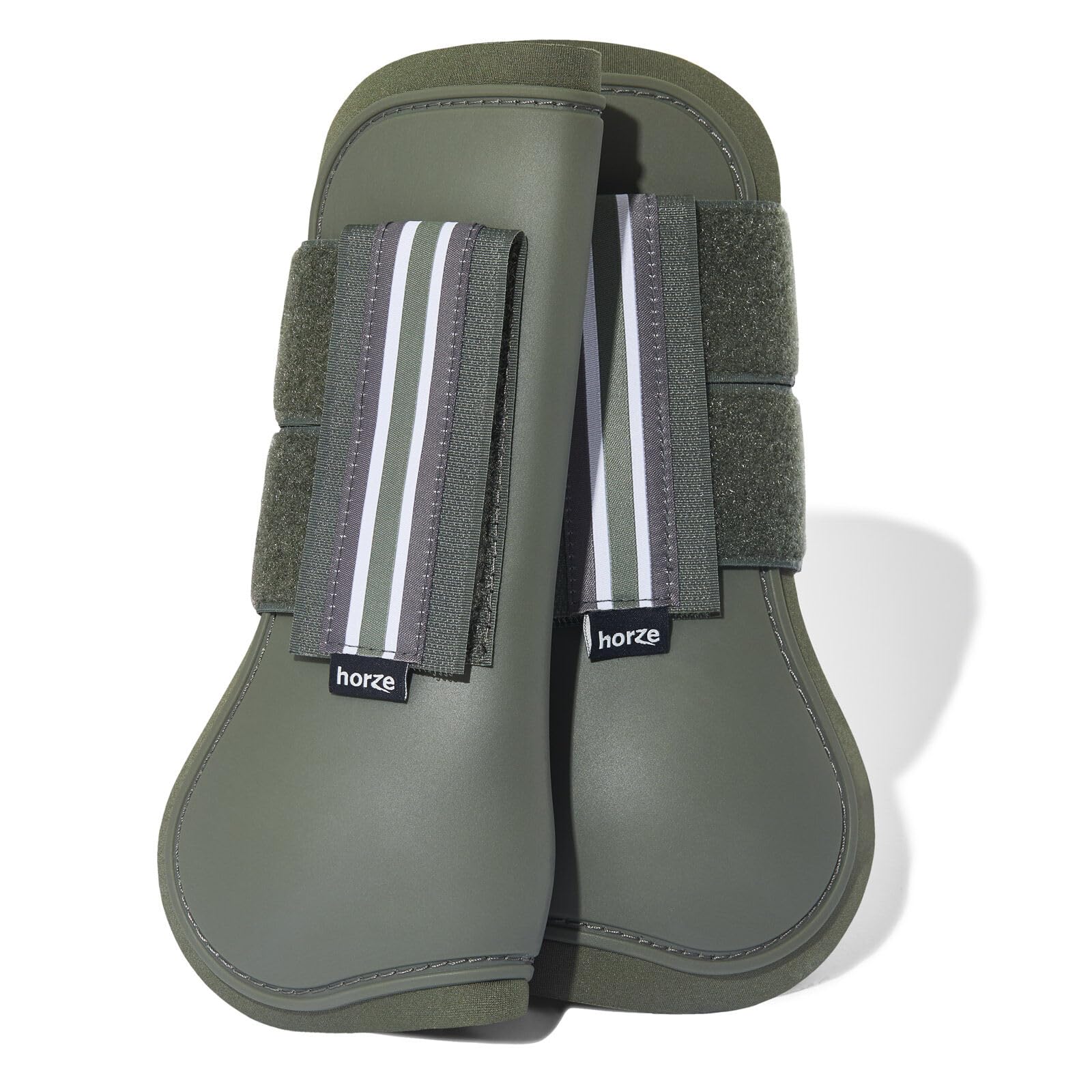 Horze Adepto Open Front Tendon Boots | Durable Shell With Neoprene Lining - Beetle Khaki Green - Warmblood