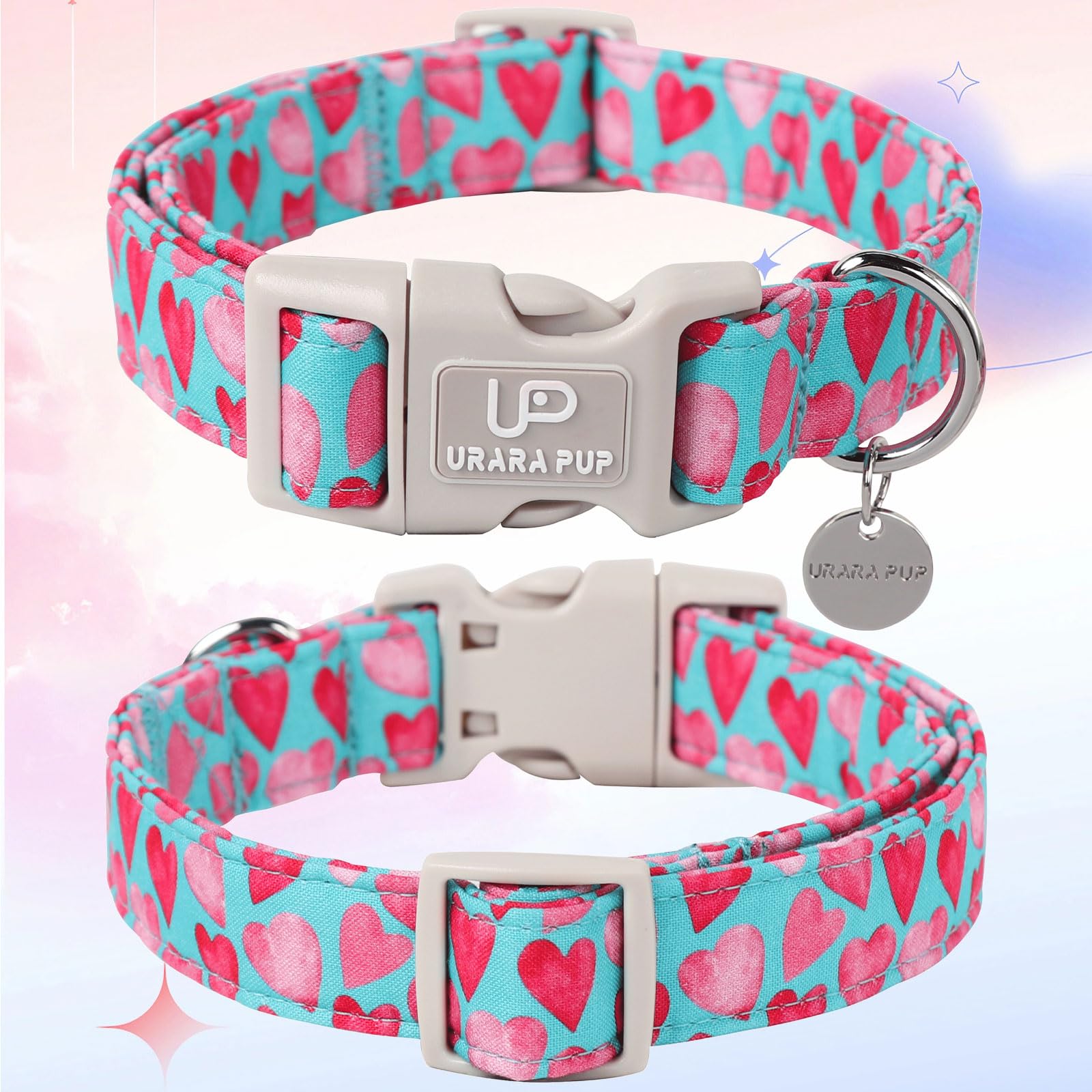 Up Urara Pup Pink Heart Dog Collar, Valentine'S Gift For Puppy Small Medium Dogs, Adjustable Size, Cotton Material, Unique Desig